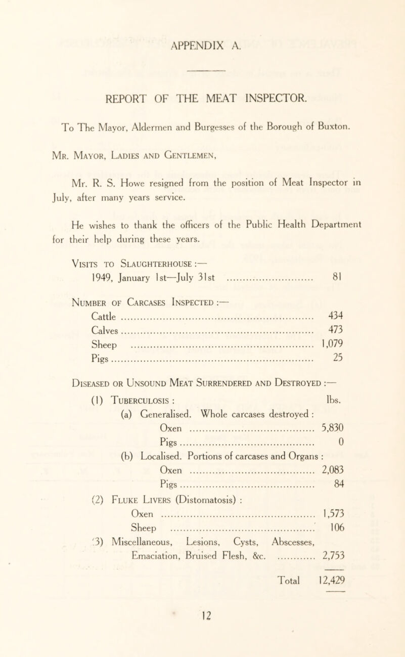 REPORT OF THE MEAT INSPECTOR. To The Mayor, Aldermen and Burgesses of the Borough of Buxton, Mr. Mayor, Ladies and Gentlemen, Mr. R. S. Howe resigned from the position of Meat Inspector in July, after many years service. He wishes to thank the officers of the Public Health Department for their help during these years. Visits to Slaughterhouse :— 1949, January 1st—July 31st 81 Number of Carcases Inspected :— Cattle 434 Calves 473 Sheep 1,079 Pigs 25 Diseased or Unsound Meat Surrendered and Destroyed :— (1) Tuberculosis : lbs. (a) Generalised. Whole carcases destroyed : Oxen 5,830 Pigs 0 (b) Localised. Portions of carcases and Organs : Oxen 2,083 Pigs 84 (2) Fluke Livers (Distomatosis) : Oxen 1,573 Sheep 106 3) Miscellaneous, Lesions, Cysts, Abscesses, Emaciation, Bruised Flesh, &c 2,753 Total 12,429