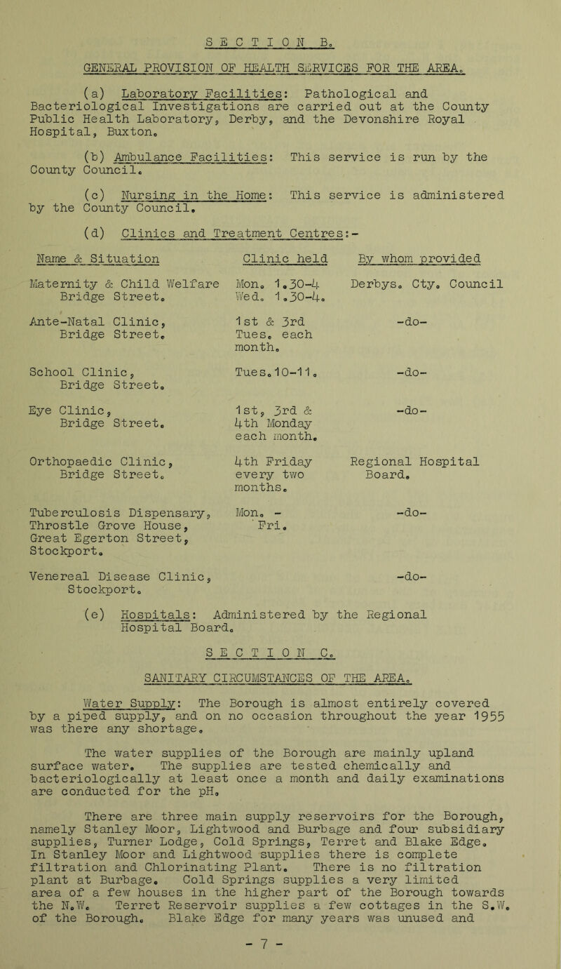 S E C T I ONE. GENERAL PROVISION OF HEALTH SERVICES FOR THE AREA. (a) Laboratory Facilities; Pathological and Bacteriological Investigations are carried out at the County Public Health Laboratoryj Derby, and the Devonshire Royal Hospital, Buxtono (b) Ambulance Facilities; This service is run by the County Counci1» ('^) Nursing in the Home; This service is administered by the County Council» (^) Clinics and Treatment Centrest- Name & Situation Clinic held By whom provided Maternity & Child Welfare Bridge Street# Mon# 1,30-4 Wed# 1,30-4- DerbySo Cty# Council Ante-Natal Clinic, Bridge Street# 1st & 3i*d Tues# each month# -do- School Clinic, Bridge Street# TueSo10-11 # -do- Eye Clinic, Bridge Street# 1 St, 3rd & 4th Monday each month# -do- Orthopaedic Clinic, Bridge Street# 4th Friday every two months# Regional Hospital Board# Tuberculosis Dispensary, Throstle Grove House, Great Egerton Street, Stockport# Mon# - ' Pri# -do- Venereal Disease Clinic, Stockport# -do- (e) Hospitals; Administered by Hospital Board# the Regional S E C T I 0 N Co SAinTARY CIRCUMSTANCES OP THE AREA# Vifater Supply: The Borough is almost entirely covered by a piped supply, and on no occasion throughout the year 1955 was there any shortage. The water supplies of* the Borough are mainly upland surface water# The supplies are tested chemically and bacteriologically at least once a month and daily examinations are conducted for the pH# There are three main supply reservoirs for the Borough, namely Stanley Moor, Lightwood and Burbage and four subsidiary supplies, Turner Lodge, Cold Springs, Terret and Blake Edge, In Stanley Moor and Lightwood supplies there is complete filtration and Chlorinating Plant# There is no filtration plant at Burbage# Cold Springs supplies a very lim.ited area of a few houses in the higher part of the Borough towards the No\¥# Terret Reservoir supplies a few cottages in the S,W# of the Borough# Blake Edge for many years was unused and