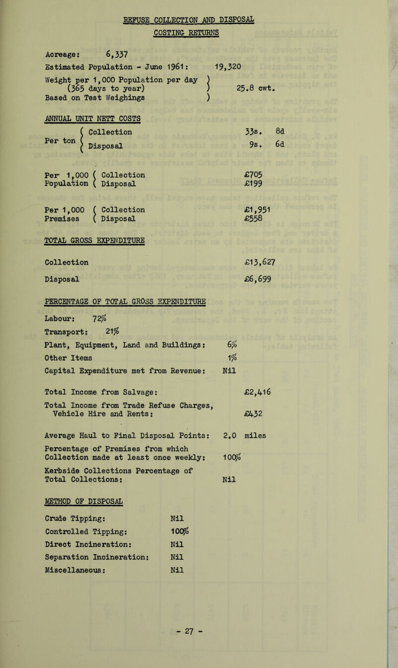 REFUSE COLLECTION AND DISPOSAL COSTING RETURNS Acreage: 6,337 Estimated Population - June 196I: 19,320 Weight per 1,000 Population per day ) (365 days to year) ) 25.8 cwt. Based on Test ?/eighings ) ANNUAL UNIT NETT COSTS ( Collection Per ton ( ( Disposal 33s. 8d 9s. 6d Per 1,000 ( Collection £705 Population ( Disposal £199 Per 1,000 i Collection £1,951 Premises ( Disposal £558 TOTAL GROSS EXPMDITUKE Collection £13,627 Disposal £6,699 PERCENTAGE OF TOTAL GROSS EXPENDITURE Labour: 12fo Transport: 21^ Plant, Equipment, Land and Buildings: (>% Other Items 1^ Capital E:q)enditure met from Revenue: Nil Total Income from Salvage: £2,416 Total Income from Trade Refuse Charges, Vehicle Hire and Rents: £432 Average Haul to Pinal Disposal Points: 2,0 miles Percentage of Premises from which Collection made at least once weekly: 100^ Kerbside Collections Percentage of Total Collections: Nil METHOD OF DISPOSAL Crude Tipping: Nil Controlled Tipping: 100^ Direct Incineration: Nil Separation Incineration: Nil Miscellaneous: Nil