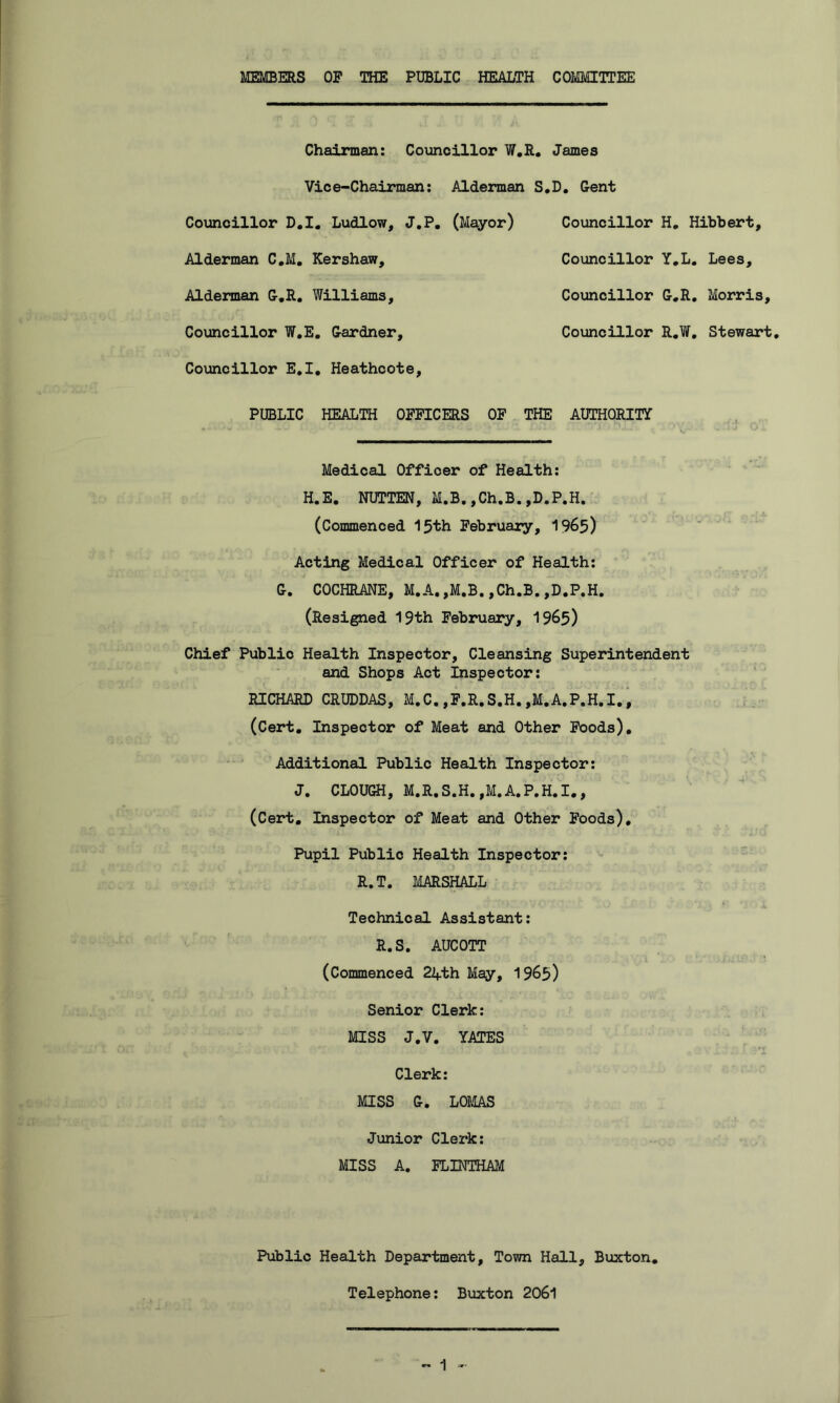 MEMBERS OP THE PUBLIC HEALTH COMUTTEE Chairman: Comcillor ¥«R. James Vice-Chairman: Alderman S.D. Gent Coimcillor D.I. Ludlow, J.P, (Mayor) Councillor H. Hibbert, Alderman C.M, Kershaw, Councillor Y.L. Lees, Alderman G.R, Williams, Councillor G,R, Morris, Councillor W.E, Gardner, Councillor Il,W, Stewart* Councillor E.I, Heathcote, PUBLIC HEALTH OFFICERS OP THE AUTHORITY Medical Officer of Health: H.E. NUTTEN, M.B. ,Ch.B. ,D.P.H, (Commenced 15th February, 1965) Acting Medical Officer of Health: G. COCHRANE, M.A* ,M.B. ,Ch.B. ,D.P.H. (Resigned 19th February, 1965) Chief Public Health Inspector, Cleansing Superintendent and Shops Act Inspector: RICHARD CRUDDAS, M.C. ,P.R.S.H. ,M.A.P.H.I. j (Cert, Inspector of Meat and Other Poods), Additional Public Health Inspector: J. CLOUGH, M.R.S.H.,M.A.P.H.I., (Cert. Inspector of Meat and Other Foods), Pupil Public Health Inspector: s R.T. MARSHALL Technical Assistant: R.S. AUCOTT (Commenced 24th May, 1965) Senior Clerk: MISS J.V. YATES Clerk: MISS G. LOMAS Junior Clerk: MISS A. FLINTHAM Public Health Department, Town Hall, Buxton, Telephone: Buxton 206l