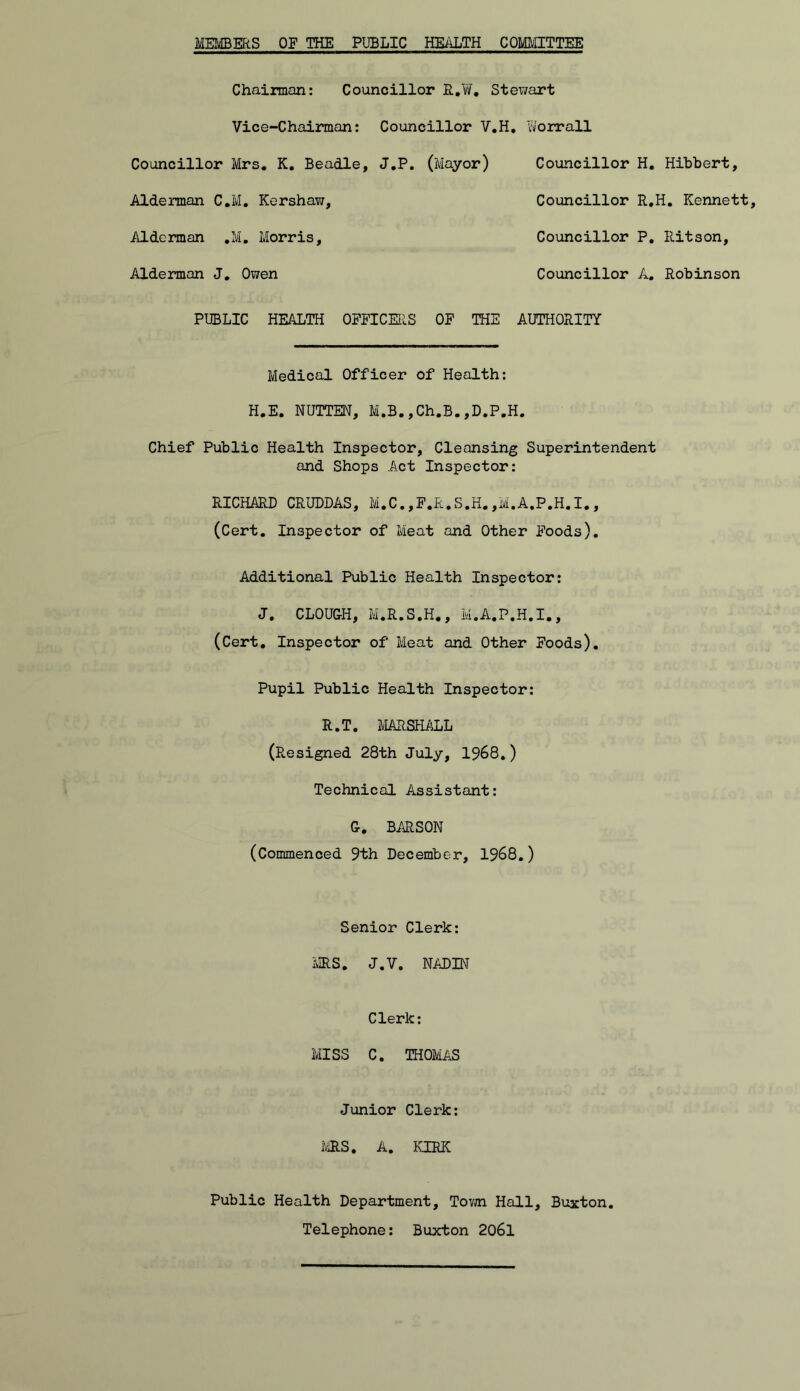 MEMBERS OF THE PUBLIC HEALTH COMI>flTTEE Chairman: Councillor E.W, Stewart Vice-Chairman: Councillor V.H, Worrall Councillor Mrs. K, Beadle, J.P, (Mayor) Councillor H. Aldeman C.M. Kershaw, Councillor R,] Alderman .M, Morris, Councillor P. Alderman J, Owen Councillor A. PTBLIC HEALTH OFFICERS OF THE AUTHORITY Medical Officer of Health: H.E. NUTTEN, M.B.,Ch.B.,D.P.H. Chief Public Health Inspector, Cleansing Superintendent and Shops Act Inspector: RICHARD CRUDDAS, M.C.,F.R.S.H.,M.A.P.H.I., (Cert, Inspector of Meat and Other Foods). Additional Public Health Inspector: J. CLOUGH, M.R.S.H., M.A.P.H.I., (Cert, Inspector of Meat and Other Foods). Pupil Public Health Inspector: R.T. aiARSHALL (Resigned 28th July, 1968.) Technical Assistant: G, BARSON (Commenced 9th December, 1968.) Senior Clerk: ms, J.V. NADIN Clerk: MISS C. THOJ/iAS Junior Clerk: IViRS. A. KIRK Public Health Department, Tovm Hall, Buxton. Telephone: Buxton 206l Hibbert, I. Kennett, Ritson, Robinson
