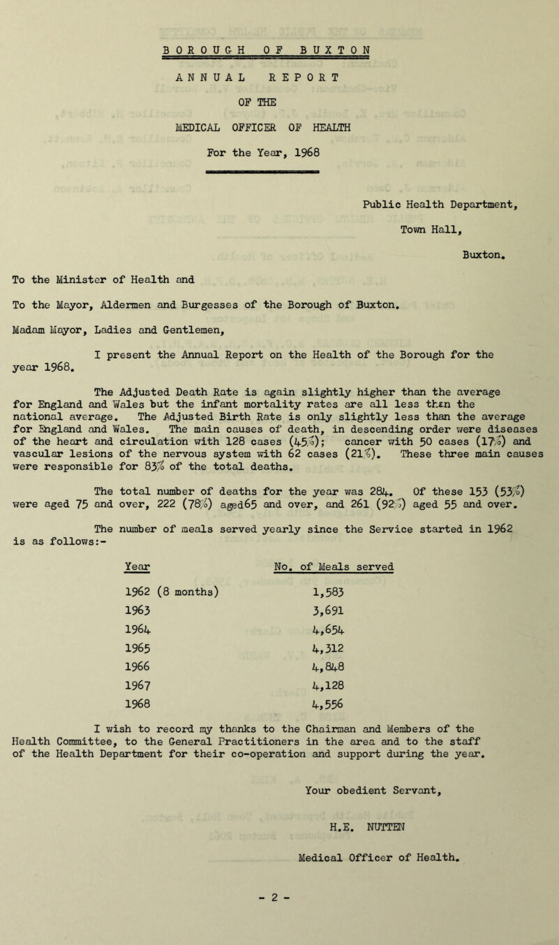 ANNUAL REPORT OF THE JffiDICAL OFFICER OF HEALTH For the Year, 1968 Public Health Department, Town Hall, Buxton, To the Minister of Health and To the Mayor, Aldermen and Burgesses of the Borough of Buxton, Madam Mayor, Ladies and Gentlemen, I present the Annual Report on the Health of the Borough for the year 1968, The Adjusted Death Rate is again slightly higher than the average for England and Wales but the infant mortality rates are all less than the national average. The Adjusted Birth Rate is only slightly less than the average for England and Wales. The main causes of death, in descending order were diseases of the heart and circulation with 128 cases (1+^^); cancer with 50 cases (l7/o) and vascular lesions of the nervous system with 62 cases {21%), These three main causes were responsible for 83^ of the total deaths. The total number of deaths for the year was 282f. Of these 153 (53%) were aged 75 and over, 222 (7&%) aged65 and over, and 26l (92%) aged 55 and over. The number of meals served yearly since the Service started in 1962 is as follows Year 1962 (8 months) 1963 1964 1965 1966 1967 1968 No, of Meals served 1,583 3,691 4,654 4,312 4,848 4,128 4,556 I wish to record my thanks to the Chairman and Members of the Health Committee, to the General Practitioners in the area and to the staff of the Health Department for their co-operation and support during the year. Your obedient Servant, H.E. NUTTEN Medical Officer of Health,
