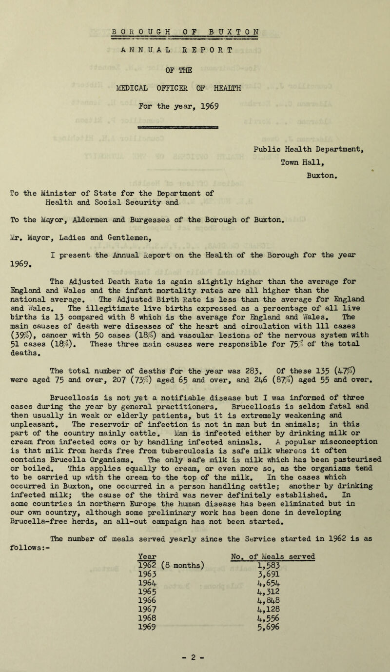BOROUGH OF BUXTON ANNUAL REPORT OF THE MEDICAL OFFICER OF HEALTH For the year, 1969 Public Health Department, Town Hall, Buxton, To the Minister of State for the Department of Health and Social Security and To the M^or, Aldermen and Burgesses of the Borough of Buxton, i^. Mayor, Ladies and Gentlemen, I present the Annual Pteport on the Health of the Borough for the year 1969. The Adjusted Death Rate is again slightly higher than the average for England and Wales and the infant mortality rates are all higher than the national average. The Adjusted Birth Rate is less than the average for England and Wales. The illegitimate live births expressed as a percentage of all live births is 13 compared with 8 which is the average for England and Wales, The main causes of death were diseases of the heart and circulation with 111 cases (39/^)» cancer with 50 cases (18';:^) and vascular lesions of the nervous system with 51 cases (l8^). These three main causes were responsible for 75/^ of the total deaths, The total number of deaths for the year was 283. Of these 135 (47^) were aged 75 and over, 207 (73/3) aged 65 and over, and 246 (87/0 a.ged 55 and over. Brucellosis is not yet a notifiable disease but I was informed of three cases during the year by general practitioners. Brucellosis is seldom fatal and then usually in weak or elderly patients, but it is extremely weakening and unpleasant. The reservoir of infection is not in man but in animals; in this part of the country mainly cattle, Man is infected either by drinking milk or cream from infected cows or by handling infected animals, A popular misconception is that milk from herds free from tuberculosis is safe milk whereas it often contains Brucella Organisms. The only safe milk is milk which has been pasteurised or boiled. This applies equally to cream, or even more so, as the organisms tend to be carried up with the cream to the top of the milk. In the cases which occurred in Buxton, one occurred in a person handling cattle; another by drinking infected milk; the cause of the third was never definitely established. In some countries in northern Europe the human disease has been eliminated but in our own country, although some preliminary work has been done in developing Brucella-free herds, an all-out campaign has not been started. follows:- The number of meals served yearly since the Service started in 1962 is as Year No, of Meals 1962 (8 months) 1,583 1963 3,691 1964 4,654 1965 4,312 1966 4,848 1967 4,128 1968 4,556 1969 5,696