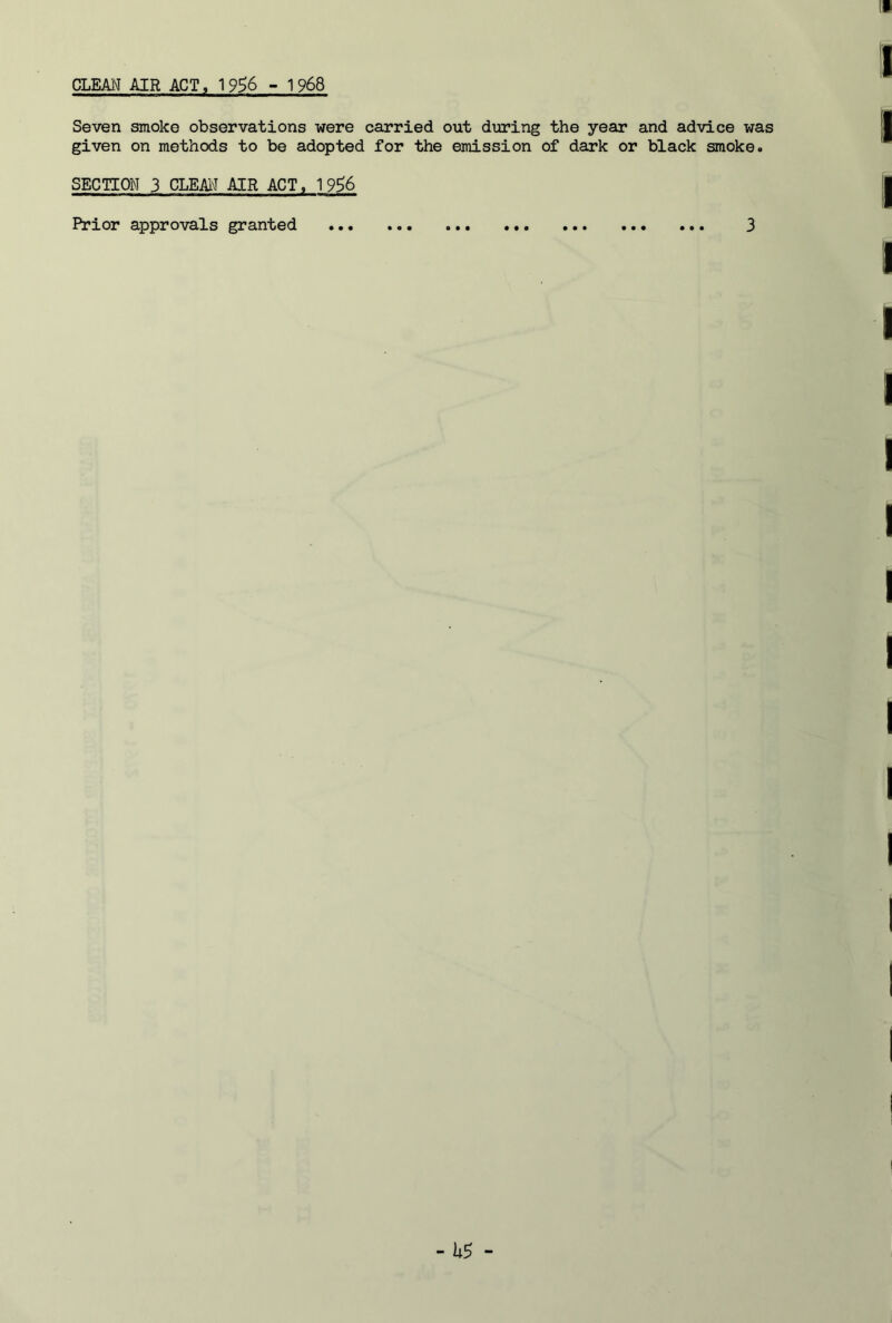 CLEAN AIR ACT, 19^6 - 1968 Seven smoke observations were carried out during the year and advice was given on methods to be adopted for the emission of dark or black smoke. SECTION 3 CLEAl'J AIR ACT, 19^6 Prior approvals granted 3 - -