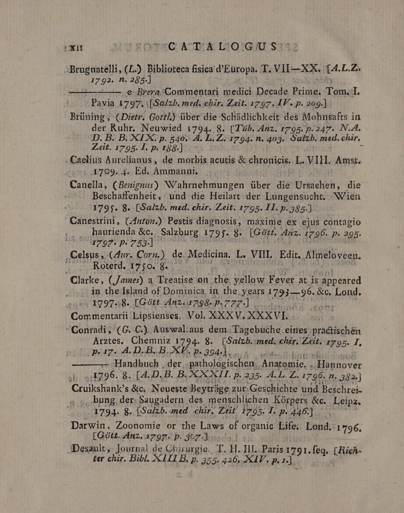 Ux wusOTSC AUI; X L201G JU S3 Brugnatelli, (L.) Biblioteca fisica d'Europa. T. VIX. i4. L.Z.. 1792. n. 285.] -———— e Brera /Commentari ined Decade medo pur 1. Pavia 1797. |[Sa/zb. med. chir. Zeit. 1797. IV. p. 209.] Brüning, (Dietr. Gort) über die Schüdlichkeit des Mohnsafts in der Ruhr. Neuwied 1794: 8. [Tüb. Anz. 1795. p.247. .N.A. D. B. B. XIX. p. 540. A. L. Z. 1794. n. 403. Salzb. med. chir, Zeit. 1795. I. p. 188.] H - Caelius Aurelianus, de morbis acutis &amp; chronicis. L. VIII. Amst. (1709. 4. Ed. Ámmanni, Canella, (Beniguus) N/ahrnehmungen über dis toedielibh, die Beschaffenheit, und die Heilartt der Lungensucht. Wien 1795. 8. [Sa/zb. med. chir. Zeit. 1795. HH. p. 385. Canestrini, (/1zz05.) Pestis diagnosis, maxime ex ejus contagio haurienda &amp;c. Salzburg 1795. 8. [Gatf. Anz. 1796. p. 295. X797. P753] — , Celsus; Cur. fortÀ de Medicina. z VIIL. Edit Almeloveen. — . Roterd. 170. 8- ' Clarke, (James) a Treatise on Wie yellow Fever at is appeared in the [sland of Dominica, in the years 93 36: &amp;c. Lond. 1797.8. [Gótt. Anz4798« P. ui. ed e e Commentarii Lipsienses, Vol. XXXV. XXXVL. Conradi, (G. C.). Auswal.aus dem Tagebüche eines pra&amp;ischén Arztes. Chemniz 1794. 8. [Salz med. nn Zeit. 1795. I, p.ig. A.D.B..B.2XF. p.394]... 4 Handbuch , der. pathologischen , JOD id er  1796. $8. [4..D. B. B. AX XII. p. 235 E. d Z. 1796. n. 382.] Cruikshank's &amp;c. Neueste Beytrüge zut: Geschichte und Beschrei- s ., bung, der: Saugadern des menschlichen Kórpers &amp;c. Leipz. 1794. 8. [Salzb. med .chir, Zeit 1295. 1. p. 446]... Darwin. Zoonomie or the Laws of organic Life. Lond. 1796, [Gótt. Anz. 1797. p. 307-]. JDesault, Journal de Chirurgie. T. I. IL. Paris 1791.feq. [ARich- ter chir. Bibl. XXII B. p. 355 426. XIV. p. 1.]