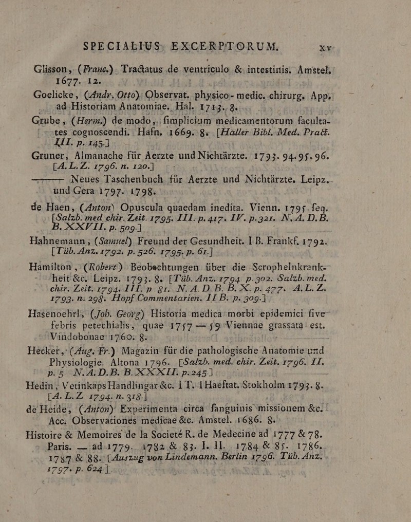 Glisson ,. (Frauc.) . Tractatus .de ventriculo &amp; intestinis, Amstel, 1627,12. Goelicke, (4fudr. Orto) Cbsdfcif. SAGE medic. cei App. ad.Historiam Anatomiae, Hal. 175g S4 o. Grube, (Herin.) de modo. fimpliciam medicamentorum faculta- tes cognoscendi. Hafn. 1669. 8. [Haller Bibl. Med. Pra. I. p. 145.] Gruner, Almanache für Aerzte und Nichtürzte. 17933. 94.95.96. [ A. L. Z. 1796. n. 120.] Neues Taschenbuch für Aerzte und Nichtürzte. Leipz. und Gera 1797. 1798. de Haen, (Auto) Opuscula quaedam inedita. Vienn. 1795. feq. [Selzb med chir. Zeit. 1795. III. p. 417. IF. p.321. N. A. D.B. XXV LI. p. 509] Hahnemaun , (Samuel) Freund der Gesundheit. I B. Frankf, 1792. [ Tüb. Anz. 1792. p. 526. 1795. p. 6r.] Hamilton , (Roberz) .Beobechtungen über die Scrophelnkrank-- heit &amp;c. Leipz. 1793. 8. [T'àb. Anz. 1794. p. 302. Salzb. med. chir. Zeit. 1794. IH I. p. gr. .N. A. D. B. B. X. p. 477. A.L.Z. 1793. n. 298. Hopf Commentarien. 11 B. p. 309.] Hasenoehrl, (Job. Georg) Historia medica: morbi epidemici five- febris petechialis, quae 1757 — $9 Viennae Brassate est. Vindobonae: 1760; 8. Hecket,: (Zug. Fr.) Magazin für die pathologische Anatomie ur Physiologie. Altona 1796. [Sa/zb. med. chir. Zeit. 1796. 11. p. 5. N.A.D.B. B. X X XII. p.245.] Hedin , Vetinkaps Handlingar &amp;c. 1 T. 1 Haeftat. Stokholm 1795. 8. [A4. L.Z 1794. n. 318.] | de Heide, (4nftoz) Experimenta citca fanguinis missionem &amp;c. Acc. Observaciones medicae &amp;c. Amstel. 1686. $. Histoire &amp; Memoires de la Societé R. de Medecine ad 1777 &amp; 78. Paris. —:2d.1779...4782.&amp;. 83. 1. 11. 1784 &amp; 85. 1786.. 1787 &amp; 88. LAuszug von Lindemann. Berlin 17 96. Tb. Anz. . 1797* p. 624 ]