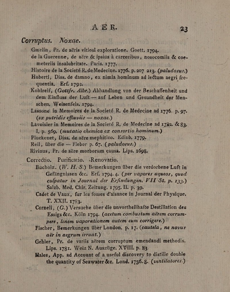 A ÉR. | u Cornuptus.. Noxae. Gmelin ,. Pr, de aris vitiosi exploratione. Goett. 1704. de la Guerenne, de agre &amp; ipsius à carceribus, nosocomiis &amp; coe- meteriis insalubritate. Paris. 1777. Histoire de la Societé R. de Medecine. 1776. p.207 213. (paludosur.) Huberti, Diss. de damno, ex nimia hominum ad lectum aegri fre- quentia, Erf, 1792. Kohlreif, (Gottfr. Aibr.) Abhandlung von der Beschaffenheit und dem Einfluss der Luft — auf Leben und Gesundheit der Men- schen. Weisenfels. 1794. Lassoneé in Memoires de la Societé R. de Medecine ad 1776. p. 97. (ex putridis effluviis — noxae.) Làvoisier in Memoires de la Societé R, de Medecine ad 1732. &amp; 83. T. p. 569. (mutatio chemica ex consortio hominum.) Pluckenet, Diss. de aére mephitico. Edinb. 1779. Reil, über die — Fieber p. 67. ( paludorurs.) Rivinus, Pr. de aére morborum causa. Lips. 1698. Correctio. Purificatio. .Renovatio. Bucholz. (JW. H. S.) Bemerkungen über die verdorbene Luft in Gefüngnissen &amp;c. Erf. 1794. 4. (per vapores aqueos, quod culpatur in Journal der Erfindungen. VII St. p. 133.) Salzb. Med. Chir, Zeitung. 1795. Il. p. 39. Cadet de Vaux, fur les fosses d'aisance in Journal der Physique. T. XXII. 1783. $ . Corneli, (G.) Versuche über die unvortheilhafte Destillation des Essigs &amp;c. Küln 1794. (acetum combustum aérem corrum- pere , lenem vapor&amp;tionem autem eum corrigere.) Fischer, Bemerkungen über London, p. 17. (cautela , ne novus aér in aegrum irruat.) Gehler, Pr. de variis aérem corruptum emendandi methodis, Lips. 1781. Weiz N. Auszüge. XVIIL p. 83. Hales, App. ad Account of a useful discovery to distille double