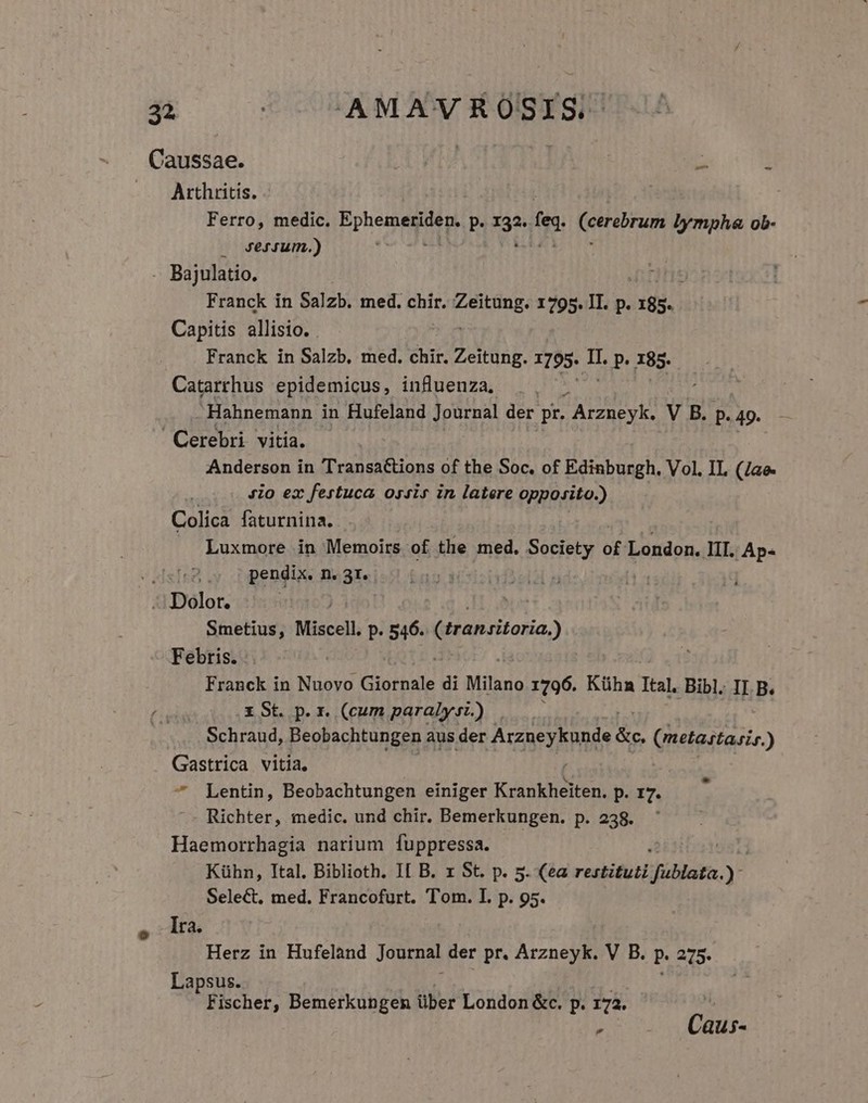 Caussae. I o Arthritis. Ferro, medic. Ppheses P. rg fes (urebrupe lympha ob- |. Sef Jum.) . Bajulatio. Franck in Salzb. med. chir. Tun 1795. II. p. 185. Capitis allisio. Franck in Salzb, med. chir. Zeitung. 1795. n P. 185- Catarrhus epidemicus, influenza, |, -. / Hahnemann in Hufeland Journal der pr. Arzneyk. V B. P. 49. ' Cerebri vitia. Anderson in Transactions of the Soc. of Edinburgh. Vol. IL (Zae- 410 ex fertuca ossis in latere opposito.) | Colica faturnina. Luxmore in Memoirs of the med. Society of: London. III. 'Ap« v] pendix. n. 3r. | Dolor. i Smetius, Miscell P- 546. (transitoria. Febris. Franck in Nuovo Giornale di Milano 1796. Kühn Ital. Bibl. II B. X St. p. r. (cum paralysi.) Schraud, Beobachtungen aus der Arzneykunde x (metastasis.) Gastrica vitia, j ^ Lentin, Beobachtungen einiger Krankheiten. p. 17. Richter, medic. und chir. Bemerkungen. p. 238. Haemorrhagia narium [fuppressa. Kühn, Ital. Biblioth. II B. x St. p. 5. (ea restituti dila.) Select, med. Francofurt. Tom. I. p. 95. Ira. Herz in Hufeland Journal der pr. Arzneyk. V B. P 275. Lapsus. Fischer, Bemerkungen über London &amp;c. p. 172. * Caus-