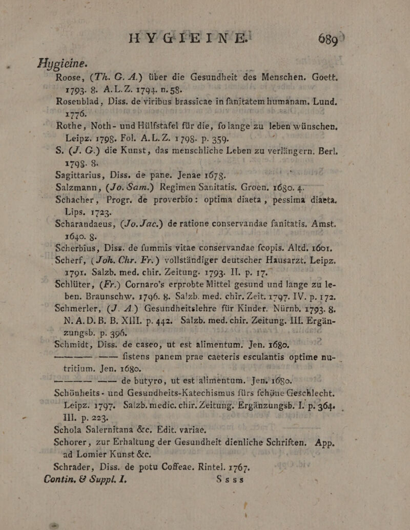 HYGIEINE' 689^ FHuypieine. Roose, (T'À. G. .4.) über die Gesundheit des Menschen. Goett. .. 1793. 8. A.L.Z. 1794. n. 58. Roseublad, Diss. de viribus brassicae in fanitatem humanam, Lund. 1776. . Rothe, Noth- und Hülfstafel für die, folange zu leben wünschen, Leipz. 1798. Fol. A. L. Z. 1798. p. 359. , S. (J. G.) die Kunst, das menschliche Leben zu verlingern. Berl. 1798. 8. Sagittarius, Diss. de pane. Jenae 1678. Salzmann, (Jo. Sam.) Regimen Sanitatis. Groen. 1680. 4: Schacher, Progr. de proverbio: optima diaeta , pessima diaeta. Lips. 1723. Scharandaeus, (Jo.Jac.) de ratione conservandae fanitatis, Amst. 1640. 8. Scherbius, Diss. de fummis vitae consérvandae fcopis. Altd. 1 Gor. Scherf, (J'oh. Chr. Fr.) vollstándiger deutscher Hausarzt. Leipz. 1791. Salzb. med. chir. Zeitung. 1793. Il. p. 17.- Schlüter, (Fr.) Cornaro's erprobte Mittel gesund und lange zu le- ben. Braunschw. 1796. 8. Sa!zb. med. chir. Zeit. 1797. IV. p. 172. Schmerler, (J. 4) Gesundheitslehre für Kinder. Nürnb, 1793. 8. N. A.D. B. B. XIII. p. 442. Salzb. med. chir. E IH. rgin- zungsb. p. 396. Schmidt, Diss. de caseo, ut est alimentum. Jen. — ————— .——- fistens panem prae caeteris esculantis optime nu- tritium. Jen. 1680. ———— — -— de butyro, ut est alimentum. Jen. 1680. Schóünheits- und Gesundheits-Katechismus fürs fchüue Geschlecht. Leipz. 1797. Salzb. medic. chir. Zeitung. Ergánzungsb. I. p. 364. Ill. p. 223. Schola Salernitana &amp;c. Edit. variae, Schorer, zur Erhaltung der Gesundheit dienliche Schriften. pp. ad Lomier Kunst &amp;c. Schrader, Diss. de potu Coffeae. Rintel. 1767. Contin, € Suppl. I. $sss