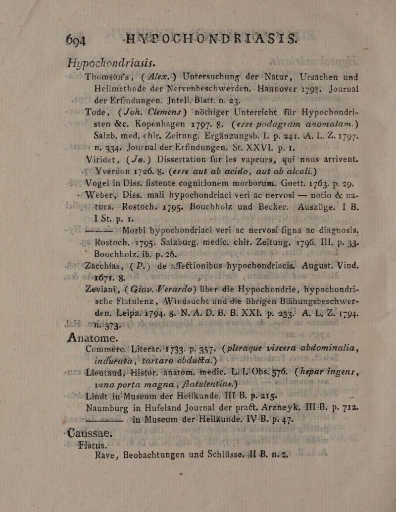 Hupochondriasis. 'Thomson's, (Alex. Untersuchung der Natur, Ursachen und Heilmethode der Nervenbeschwerden. Hannover 1798. Journal der Erfindungen. Jntell.Blatt. n. 23. Tode, (Joh. Clemens) 'nóthiger Unterricht für Hypochondri- sten &amp;c. Kopenhagen 1797. 8. (efre podagram anomalam.) Salzb. med. chir. Zeitung. Ergünzungsb. I. p. 241. :A. L. Z. 1797. n. 334. Journal der Erfindungen. St. XXVL. p. t. Viridet, (Je.) Dissertation fur les vapeurs, qui nous arrivent. Yvérdon 1726.8. (erre aut ab acido, aut ab alcali.) Vogel in Diss, fistente cognitionem morborum. Goett. 1763. p. 29. * Weber, Diss. mali hypochondriaci veri ac nervosi — notio &amp; na- tura. Rostoch. 1795. Bouchholz und Becker. Auszüge. I B. I St. p. x. -——— :'Morbi bipuébonilriata veri ac nervosi figna ac diagnosis, - Rostoch..1795. Salzburg. medic. chir.. REA 1796. Ill. p. 33. ' Bouchholz. ib. p. 26. Zatchias, (P.) de affe&amp;ionibus bypochondriacis, August. Vind. /:x671. 8. Zeviani,, ( Giov. F'erardo) tiber die Hypiclibriaé,. Hiogiolliondri- sche Flatulenz, SWindsucht und die übrigen Blàhungsbeschwer- den. tii 1794. 8. N. A. D. B. B XR € 253^ A. L. Z. 1794. Um3735 0 7 Anatome. Commete.' Literar.'t733. p. 357. ( pleraque. viscera a aldominalia, indurütàa , tartaro obdu&amp;a.) ' 0281 deutaud; Histor. anatóm. edic. Li T, Obs; 376. hepar i SONIS vena porta magna , flatulentiae.): Lindt in Museum dér Heilkunde. TII B. p.215. Eus in Hufeland Journal der pra&amp;. Arzneyk, III:B. p. e - in Museum der Heilkutide: MR jo » AT (T3 Catissae. Flatus. Rave, Beobáthkeuten und Schlüsse, a B. 1:2.