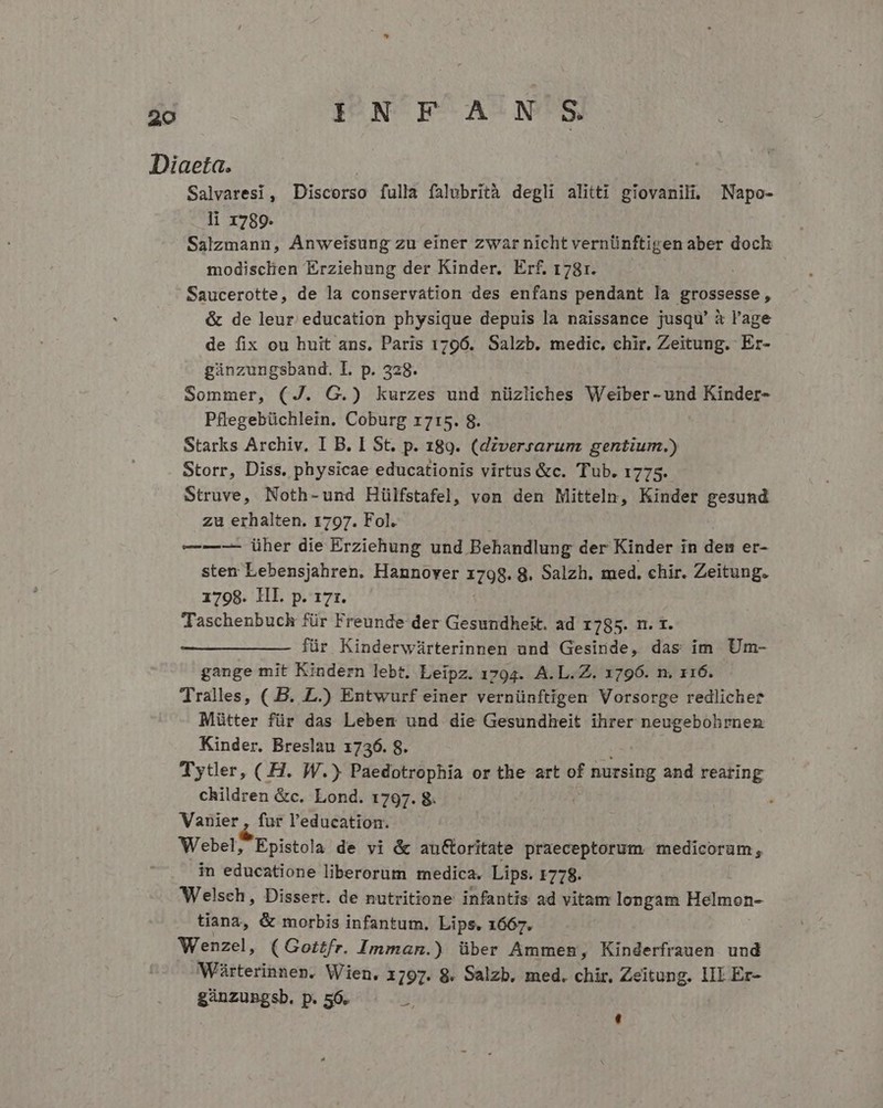 Salvaresi, Discorso fulla falubrità degli alitti giovanili. Napo- li 1789. Salzmann, Anweisung zu einer zwar nicht vernünftigen aber doch modisclien Erziehung der Kinder. Erf. 1781. Saucerotte, de la conservation des enfans pendant la grossesse, &amp; de leur education physique depuis la naissance jusqu' à l'age de fix ou huit ans, Paris 1796. Salzb. medic, chir. Zeitung. Er- gàinzungsband. L. p. 328. Sommer, (J. G.) kurzes und nüzliches Weiber-und Kinder- Pflegebüchlein. Coburg 1715. 8. Starks Archiv. I B. I St. p. 189. (diverrarum gentium.) Storr, Diss. physicae educationis virtus &amp;c. Tub. 1775. Struve, Noth-und Hülfstafel, von den Mitteln, Kinder gesund zu erhalten. 1797. Fol. —-—-—- üher die Erziehung und Behandlung der Kinder in dem er- stem Lebensjahren. Hannover 1798. 8. Salzh. med. chir. Zeitung. 1798. III. p. 171. Taschenbuch für Freunde der Gesundheit. ad 1785. n. 1. für Kinderwiürterinnen und Gesiride, das im Um- gange mit Kindern lebt. Leipz. 1794. A.L.Z. 1796. n. 116. Tralles, (.B. L.) Entwurf einer vernünftigen Vorsorge redlichez Mütter für das Lebem und die Gesundheit ihrer neugebohrnen Kinder. Breslau 1736. 8. : Tytler, ( FH. W.) Paedotrophia or the art of nursing and rearing children &amp;c. Lond. 1797. 8.  Vaunier , fur l'education. Webel, Epistola de vi &amp; auCtoritate praeceptorum medicorum, in educatione liberorum medica. Lips. 1778. Welsch, Dissert. de nutritione infantis ad vitam longam Helmon- tiana, &amp; morbis infantum. Lips. 1667. Wenzel, (Gotzfr. Imman.) über Ammen, Kinderfrauen und Würterinnen. Wien. 1797. 8. Salzb. med. chir, Zeitung. III Er- gánzungsb. p. 56. 3! :