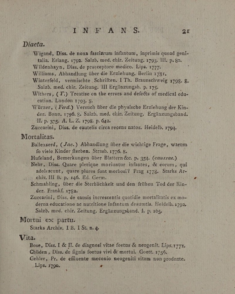 IN FA N S. 2r Diaeta. [ Wigand, Diss. de noxa fasciarum infantum, inprimis quoad geni- talia. Erlang. 1792. Salzb. med. chir. Zeitung. 1793. lll. p. 8o. Wildenhayn, Diss. de praeceptore medico. Lips. 1777. Williams, Abhandlung über die Erziehung. Berlin x 78r. Winterfeld, vermischte | Schriften. I Th. Braunschweig 1798. 8g. Salzb. med. chir. Zeitung. lll Ergánzungsb. p. 175. Withers, ( T.) Treatise on the errors and defects of medical edu- cation. London 1793. 8. Würzer, ( Ferd.) Versuch über die physische Erziehung der Kin- der. Bonn. 1796. 8. Salzb. med. chir. Zeitung. Ergánzungsband. 1L. p. 375. A. L. Z. 1798. p. 642. Zuccarini, Diss. de cautelis circa recens natos. Heidelb. 1794. Mortalitas. Ballexserd, ( Jac.) Abhandlung über die wichtige Frage, warum - fo viele Kinder fterben. Strasb. 1776. 8. Hufeland, Bemerkungen über Blattern &amp;c. p. 354. (causrae.) Nehr, Diss. Quare plerique moriuntur infantes, &amp; eorum, quí adolescunt, quare plures funt morbosi? Prag r778. Starks Ar- chiv, III B. p. 146. Ed. Germ. Schmahling, über die Sterblichkeit und den frühen 'Fod der Kin- der. Frankf. 1782. Zuccarini, Diss. de causis increscentis quotidie mortalitatis ex mo- derna educatione ac nutritione infantum desumtis. Heidelb. 1792. Salzb. med. chir. Zeitung. Ergánzungsband. I. p. 165. Mortui ex partu. bl Leg Starks Archiv. I B. 1 St. n. 4. Vita. à Bose, Diss. I &amp; IT. de diagnosi vitae foetus &amp; neogenit. Lips. v77r. Chüden , Diss. de fignis foetus vivi &amp; mortui. Goett. 1755. Gehler, Pr. de efluente meconio neogeniti vitam non podemos Lips. 1790. d