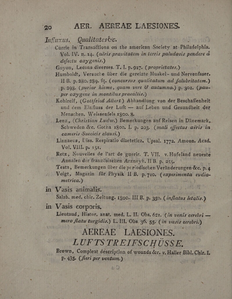 * » Currie in Transactions on the american Society at Philadelphia. Vol. IV. n..14.. (aeris pravitatem in terrir paludosis pendere &amp; defectu oxygenir.) | Guyon, Lecons diverses. T. T. p. g27. ( proprietates.) Humboldt, Versuche über die gereizte Muskel- und Nervenfaser. IL B. p.280. 289. fq. (concursus qualitatum. ad. falubritatem.) p. 298. (purior hieme, quam vere 6€ autumno.) p. 302. Ku per oayygene in montibus praealtis.) [3 in und cem Einfluss der Luft — auf Leben und Gesundheit der Menschen. Weissenfels. 1800. 8 Lenz, (Chrirtian Ludw.) Bed euHL on auf Reisen in Dünemark,. Schweden.&amp;c. Gotba 1800. I. p. 203. (ma effectus aérir um cameris Suecicir clausi.) Linnaeus, Diss. Respiratio diaetetica, Upsal. 1772. Amoen. Acad, Vol. VIII. p. 151. | Retz, Nouvelles de l'art de guerir. T. VIT. v.Hufeland neueste Annalen der franzósischen Arzneyk. II B. p. 255. Testa, Bemerkungen über die pcriodischen Verinderungen &amp;c. p. 4 Voigt, Magazin für Physik II B. p.710. einer SEMI metrica.) Salzb. med. chir. Zeitung. Niger III B. P. 350. (inflatus fatali.) Vasis corporis. Lieutaud, Histor. anat. med. L. IT. Obs. 62r. (7n venis cerebri — mero eA turgidis,) L. HI. Obs. 36. 55. (in varir cerebri.) AEREAE LAESIONES. LUFTSTREIFSCHÜSSE, Brown, Compleat description of wounds &amp;c. v. Haller Bibl. Chir. I, | P- 435. (Jieri per Mor