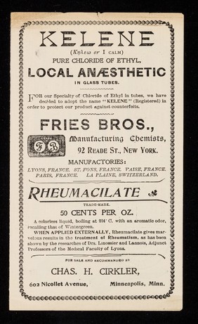 Kelene (Κ́ηλ́ε or I calm) : pure chloride of ethyl, local anaesthetic in glass tubes.