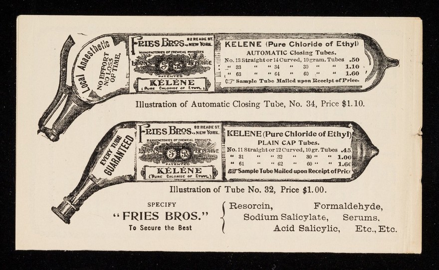 Kelene (Κ́ηλ́ε or I calm) : pure chloride of ethyl, local anaesthetic in glass tubes.