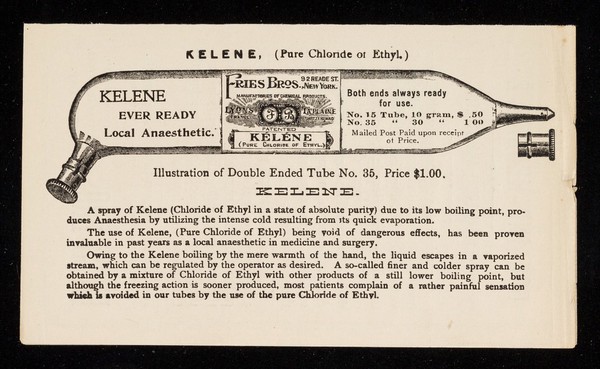 Kelene (Κ́ηλ́ε or I calm) : pure chloride of ethyl, local anaesthetic in glass tubes.