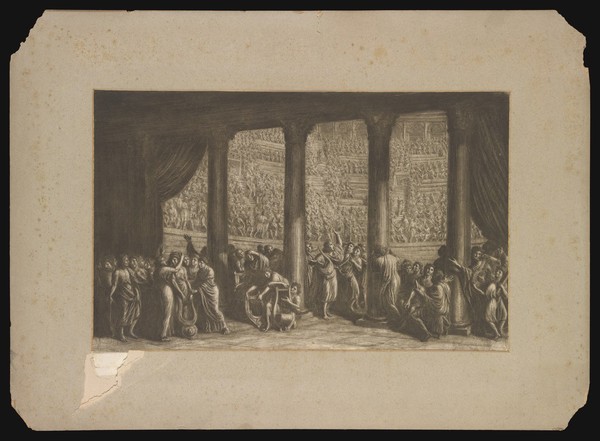 Musicians behind the scenes at a contest in the Colosseum. Etching by L. Ademollo, ca. 1837.