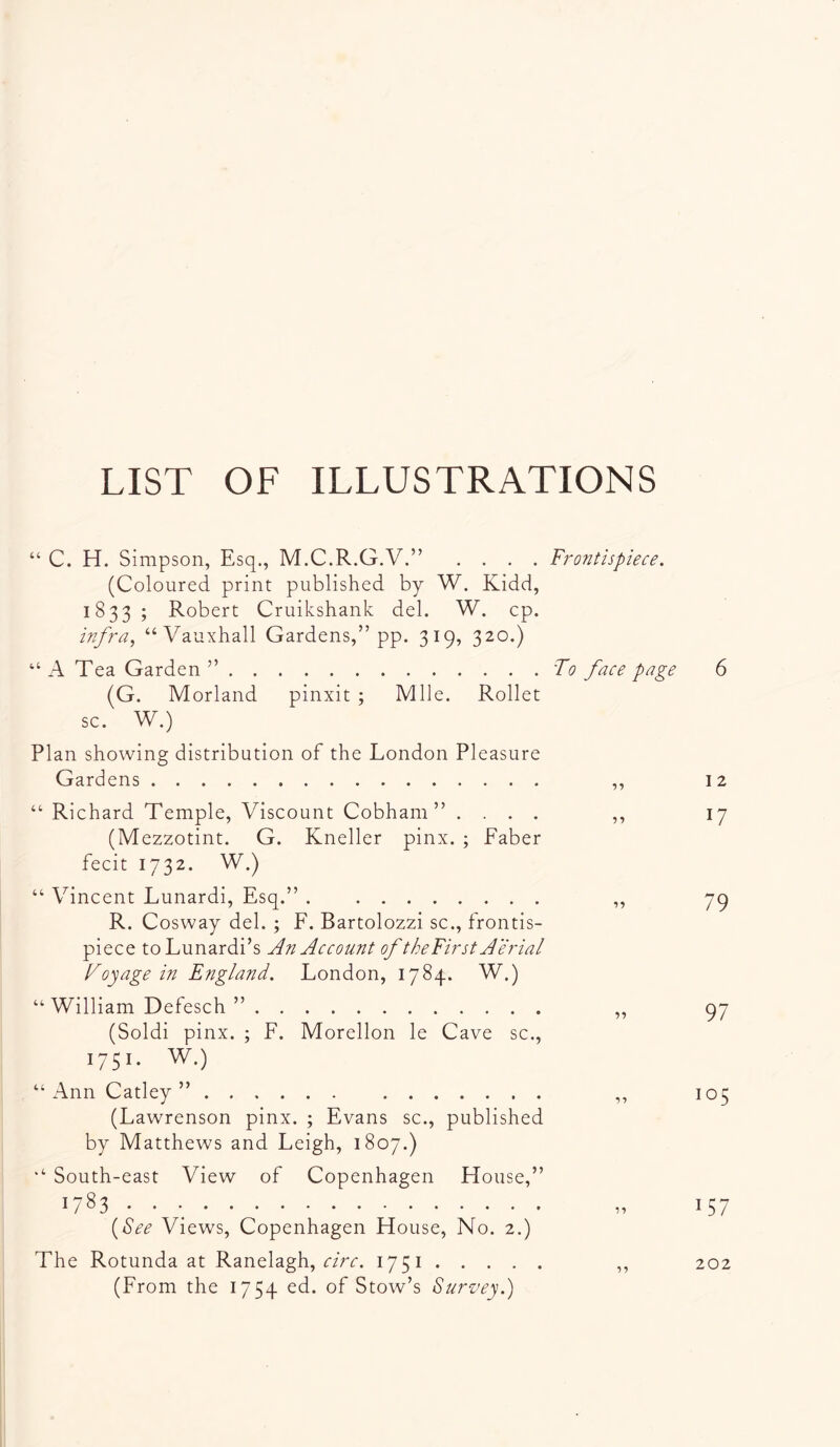 LIST OF ILLUSTRATIONS “ C. H. Simpson, Esq., M.C.R.G.V.” .... Frontispiece. (Coloured print published by W, Kidd, 1833 ; Robert Cruikshank del. W. cp. infra, “Vauxhall Gardens,” pp. 319, 320.) “ A Tea Garden ” Fo face page 6 (G. Morland pinxit ; Mile. Rollet sc. W.) Plan showing distribution of the London Pleasure Gardens ,, 12 “ Richard Temple, Viscount Cobham” .... ,, 17 (Mezzotint. G. Kneller pinx. ; Faber fecit 1732. W.) “ Vincent Lunardi, Esq.” „ 79 R. Cosway del. ; F. Bartolozzi sc., frontis- piece toLunardi’s An Account of theFirst Aerial Foyage in England. London, 1784. W.) “ William Defesch ” „ 97 (Soldi pinx. ; F. Morellon le Cave sc., 1751. W.) “Ann Catley ” ,, 105 (Lawrenson pinx. ; Evans sc., published by Matthews and Leigh, 1807.) “ South-east View of Copenhagen House,” 1783 • • ; „ 157 {See Views, Copenhagen House, No. 2.) The Rotunda at Ranelagh, z/rz. 1751 ,, 202 (From the 1754 ed. of Stow’s Survey.')
