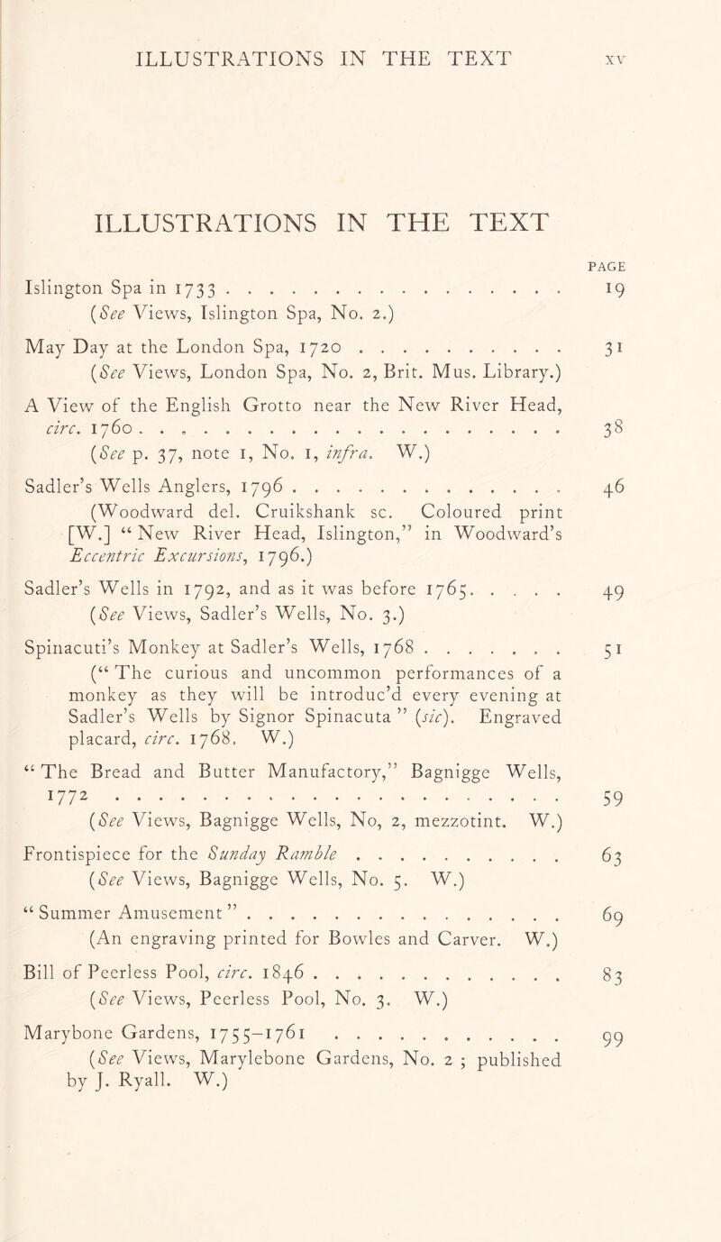 ILLUSTRATIONS IN THE TEXT PAGE Islington Spa in 1733 19 [See Views, Islington Spa, No. 2.) May Day at the London Spa, 1720 31 {See Views, London Spa, No. 2, Brit. Mus. Library.) A View of the English Grotto near the New River Head, circ. 1760 .. 38 {See p. 37, note i, No. i, infra, W.) Sadler’s Wells Anglers, 1796 46 (Woodward del. Cruikshank sc. Coloured print [W.] “ New River Head, Islington,” in Woodward’s Eccentric Excursions,, Sadler’s Wells in 1792, and as it was before 1765 49 {See Views, Sadler’s Wells, No. 3.) Spinacuti’s Monkey at Sadler’s Wells, 1768 . 51 (“ The curious and uncommon performances of a monkey as they will be introduc’d every evening at Sadler’s Wells by Signor Spinacuta ” {sic). Engraved placard, circ. 1768, W.) “The B read and Butter Manufactory,” Bagnigge Wells, 1772 59 {See Views, Bagnigge Wells, No, 2, mezzotint. W.) Frontispiece for the Sunday Ramble 63 {See Views, Bagnigge Wells, No. 5. W.) “ Summer Amusement ” 69 (An engraving printed for Bowles and Carver. W.) Bill of Peerless Pool, circ. 1846 83 {See Views, Peerless Pool, No. 3. W.) Marybone Gardens, 1755-1761 pp {See Views, Marylebone Gardens, No. 2 ; published by J. Ryall. W.)