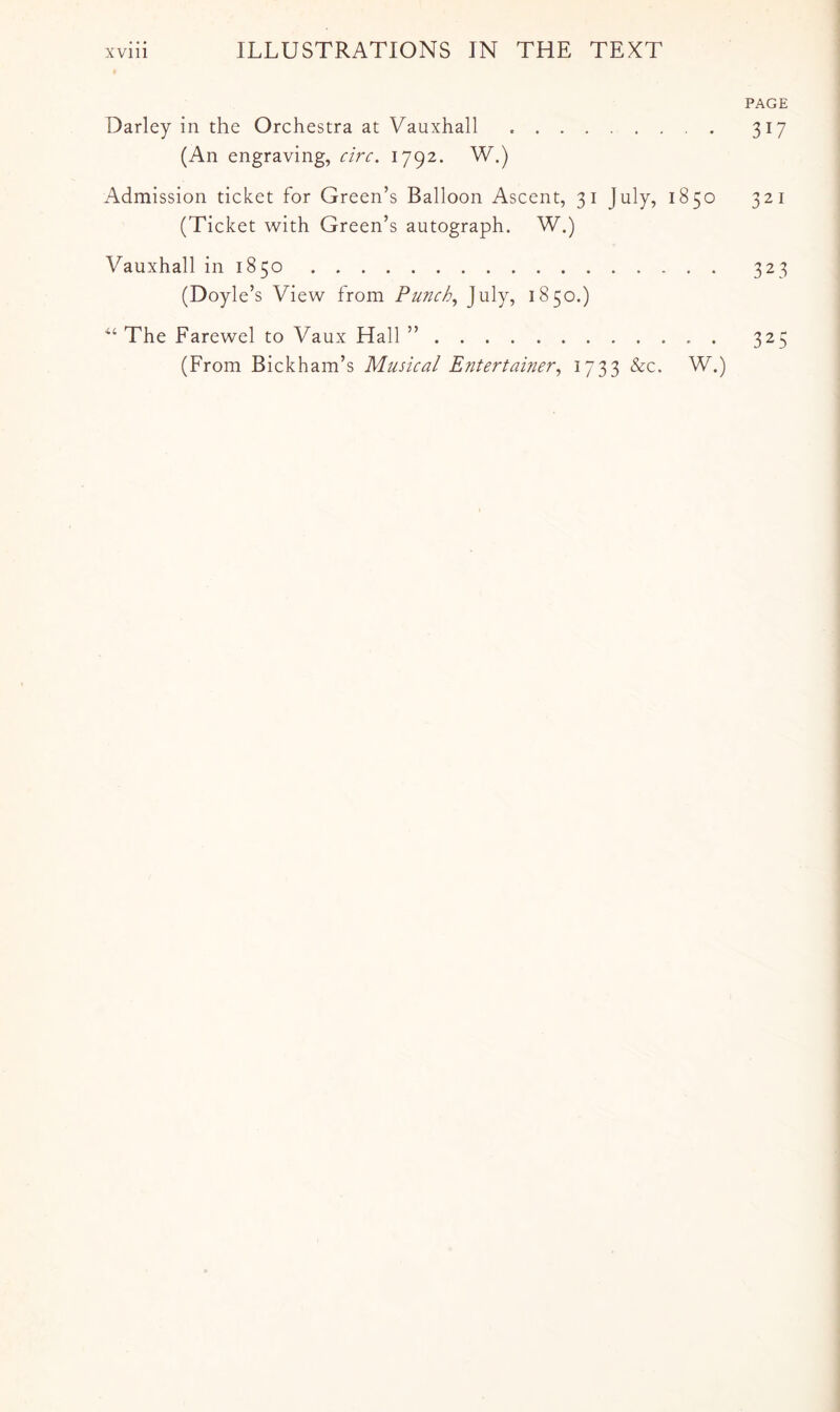 PAGE Darley in the Orchestra at Vauxhall 317 (An engraving, circ, 1792* Admission ticket for Green’s Balloon Ascent, 31 July, 1850 321 (Ticket with Green’s autograph. W.) Vauxhall in 1850 323 (Doyle’s View from Punchy July, 1850.) The Farewel to Vaux Hall ” . 325 (From Bickham’s Musical Ejitertauter^ 1733 ^0