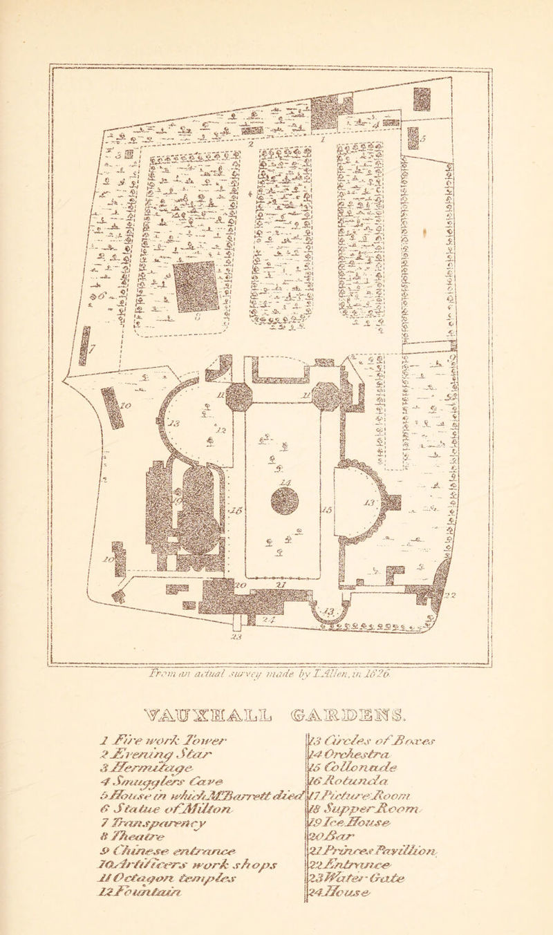 Frpm lUi aciua! suj'vci/ iihide by I.Alien, in IS26- 2 .Fire irork Toirer 2 Fh era/iJ^ Stirr 3 ffermFhi4^e liJFouee (h fi2i/FiAFSii/7et£ dier^^JlFr/i-i^eijRoom ]l3 Sy/e/es ofFrKi'e.? \l^ Orche^trtz^ 23 (hllonurle 23/io /u^ixyo'- 3 oFAfFton 7 Irnnsp^-tn^/iej/ £> Chinese enijr/nnce IdrirfHirers lirorh shops 1/ Orttiport tent pies ZJiFiujziriirt IS SupperFoom. IS? Icehouse loFetr '^FrinresPayzHion^^ Y'dFinhnrzjiee ^SJCatez • (sdite \i4JJcuse'