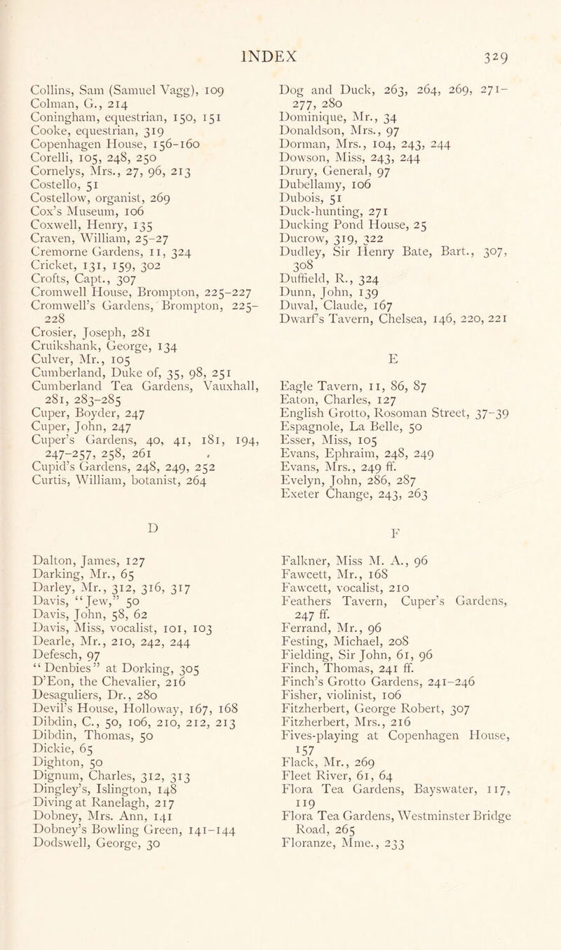 Collins, Sam (Samuel Vagg), 109 Colman, G., 214 Coningham, equestrian, 150, 151 Cooke, equestrian, 319 Copenhagen House, 156-160 Corelli, 105, 248, 250 Cornelys, hlrs., 27, 96, 213 Costello, 51 Costellow, organist, 269 Cox’s Museum, 106 Coxwell, Henry, 135 Craven, William, 25-27 Cremorne Gardens, ii, 324 Cricket, 131, 159, 302 Crofts, Capt., 307 Cromwell House, Brompton, 225-227 Cromwell’s Gardens, Brompton, 225- 228 Crosier, Joseph, 281 Cruikshank, George, 134 Culver, Mr., 105 Cumberland, Duke of, 35, 98, 251 Cumberland Tea Gardens, Vauxhall, 281, 283-285 Cuper, Boyder, 247 Cuper, John, 247 Cuper’s Gardens, 40, 41, 181, 194, 247-257, 258, 261 Cupid’s Gardens, 248, 249, 252 Curtis, William, botanist, 264 D Dalton, James, 127 Darking, Mr., 65 Darley, Mr., 312, 316, 317 Davis, “Jew,” 50 Davis, John, 58, 62 Davis, Miss, vocalist, loi, 103 Dearie, Mr., 210, 242, 244 Defesch, 97 “ Denbies” at Dorking, 305 D’Eon, the Chevalier, 216 Desaguliers, Dr., 280 Devil’s House, Holloway, 167, 168 Dibdin, C., 50, 106, 210, 212, 213 Dibdin, Thomas, 50 Dickie, 65 Dighton, 50 Dignum, Charles, 312, 313 Dingley’s, Islington, 148 Diving at Ranelagh, 217 Dobney, Mrs. Ann, 141 Dobney’s Bowling Green, 141-144 Dodswell, George, 30 Dog and Duck, 263, 264, 269, 271- 277, 280 Dominique, Mr., 34 Donaldson, hlrs., 97 Dorman, Mrs., 104, 243, 244 Dowson, Miss, 243, 244 Drury, General, 97 Dubellamy, 106 Dubois, 51 Duck-hunting, 271 Ducking Pond House, 25 Ducrow, 319, 322 Dudley, Sir Henry Bate, Bart., 307, 308 Duffield, R., 324 Dunn, John, 139 Duval, Claude, 167 Dwarfs Tavern, Chelsea, 146, 220, 221 E Eagle Tavern, ii, 86, 87 Eaton, Charles, 127 English Grotto, Rosoman Street, 37^39 Espagnole, La Belle, 50 Esser, Miss, 105 Evans, Ephraim, 248, 249 Evans, Mrs., 249 ff. Evelyn, John, 286, 287 Exeter Change, 243, 263 E Falkner, Miss M. A., 96 Fawcett, Mr., 168 P'awcett, vocalist, 210 Feathers Tavern, Cuper’s Gardens, 247 ff. Ferrand, Mr., 96 Festing, Michael, 208 Fielding, Sir John, 61, 96 Finch, Thomas, 241 ff. Finch’s Grotto Gardens, 241-246 Fisher, violinist, 106 Fitzherbert, George Robert, 307 Fitzherbert, Mrs., 216 Fives-playing at Copenhagen House, . 157 black, Mr., 269 Fleet River, 61, 64 Flora Tea Gardens, Bayswater, 117, 119 Flora Tea Gardens, Westminster Bridge Road, 265 Floranze, Mine., 233