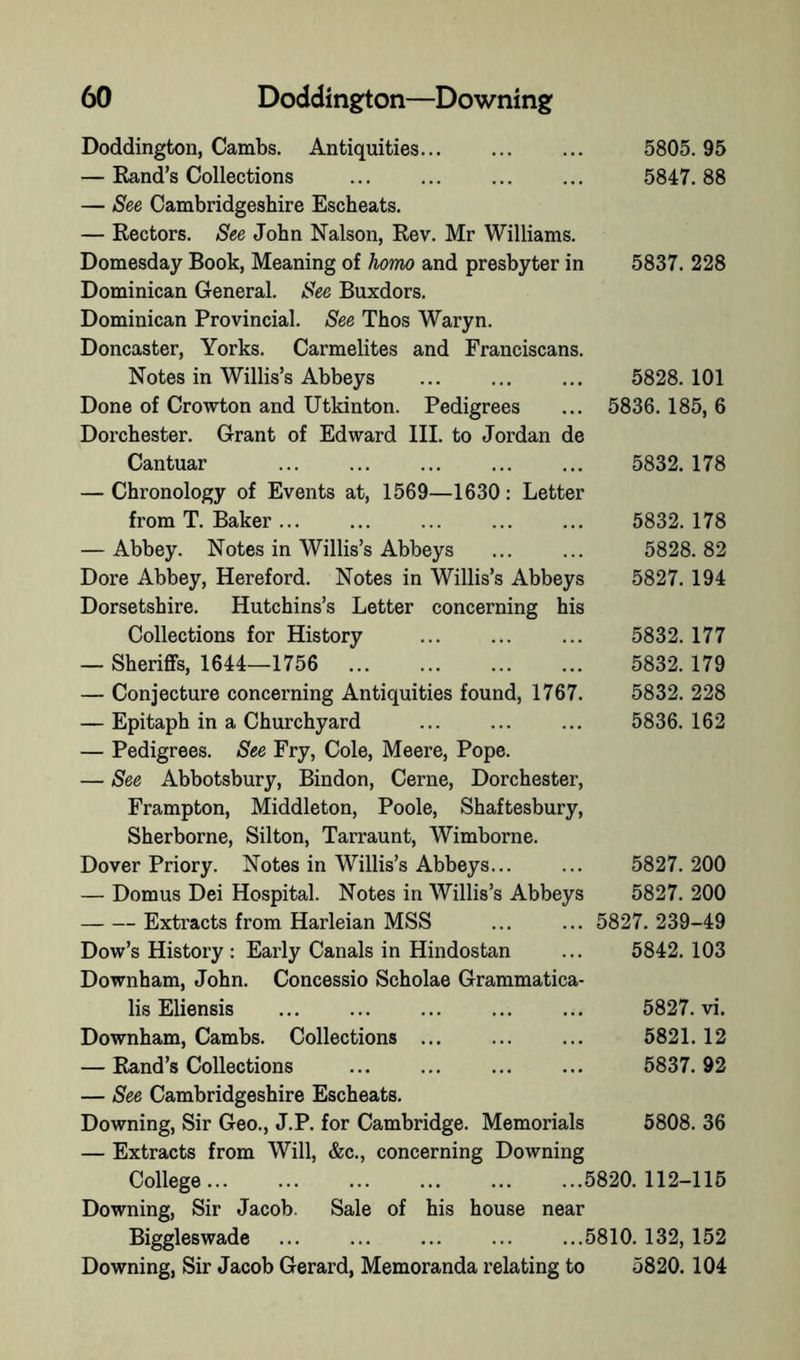 Doddington, Cambs. Antiquities... — Rand’s Collections 5805. 95 5847. 88 — See Cambridgeshire Escheats. — Rectors. See John Nalson, Rev. Mr Williams. Domesday Book, Meaning of homo and presbyter in Dominican General. See Buxdors. 5837. 228 Dominican Provincial. See Thos Waryn. Doncaster, Yorks. Carmelites and Franciscans. Notes in Willis’s Abbeys Done of Crowton and Utkinton. Pedigrees Dorchester. Grant of Edward III. to Jordan de 5828. 101 5836. 185, 6 Cantuar 5832. 178 — Chronology of Events at, 1569—1630: Letter from T. Baker ... — Abbey. Notes in Willis’s Abbeys Dore Abbey, Hereford. Notes in Willis’s Abbeys Dorsetshire. Hutchins’s Letter concerning his 5832. 178 5828. 82 5827. 194 Collections for History — Sheriffs, 1644—1756 — Conjecture concerning Antiquities found, 1767. — Epitaph in a Churchyard — Pedigrees. See Fry, Cole, Meere, Pope. — See Abbotsbury, Bindon, Cerne, Dorchester, Frampton, Middleton, Poole, Shaftesbury, Sherborne, Silton, Tarraunt, Wimborne. 5832. 177 5832. 179 5832. 228 5836. 162 Dover Priory. Notes in Willis’s Abbeys... — Domus Dei Hospital. Notes in Willis’s Abbeys 5827. 200 5827. 200 Extracts from Harleian MSS ... ... 5827. 239-49 Dow’s History : Early Canals in Hindostan Downham, John. Concessio Scholae Grammatica- 5842. 103 lis Eliensis Downham, Cambs. Collections ... — Rand’s Collections 5827. vi. 5821.12 5837. 92 — See Cambridgeshire Escheats. Downing, Sir Geo., J.P. for Cambridge. Memorials 5808. 36 — Extracts from Will, &c., concerning Downing College 5820. 112-115 Downing, Sir Jacob. Sale of his house near Biggleswade ... ... ... ... ...5810.132, 152 Downing, Sir Jacob Gerard, Memoranda relating to 5820.104