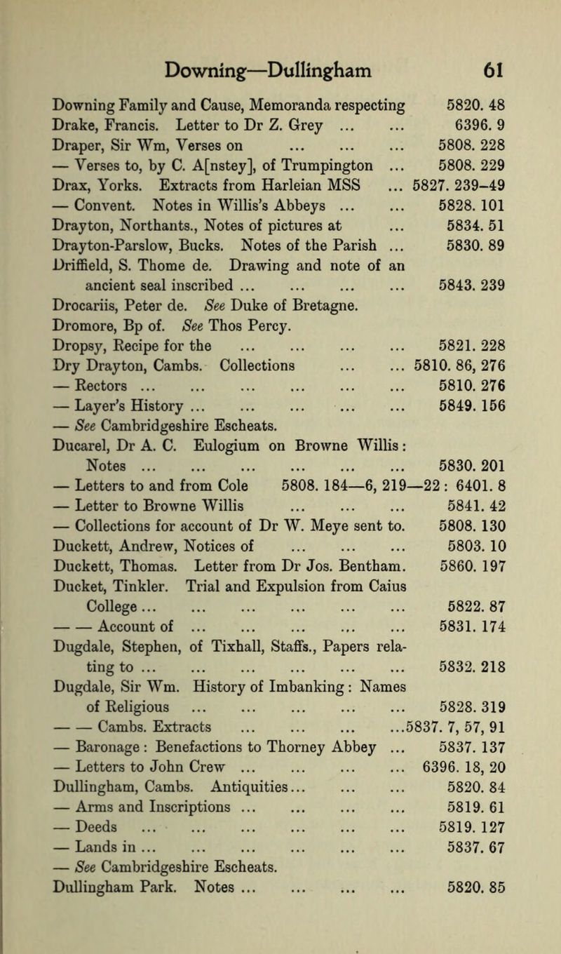 Downing Family and Cause, Memoranda respecting Drake, Francis. Letter to Dr Z. Grey ... Draper, Sir Wm, Verses on — Verses to, by C. A[nstey], of Trumpington ... Drax, Yorks. Extracts from Harleian MSS — Convent. Notes in Willis’s Abbeys ... Drayton, Northants., Notes of pictures at Drayton-Parslow, Bucks. Notes of the Parish ... Driffield, S. Thome de. Drawing and note of an ancient seal inscribed ... 5820. 48 6396. 9 5808. 228 5808. 229 5827. 239-49 5828. 101 5834. 51 5830. 89 5843. 239 Drocariis, Peter de. See Duke of Bretagne. Dromore, Bp of. See Thos Percy. Dropsy, Recipe for the Dry Drayton, Cambs. Collections — Rectors ... — Layer’s History ... — See Cambridgeshire Escheats. Ducarel, Dr A. C. Eulogium on Browne Willis 5821. 228 5810. 86, 276 5810. 276 5849. 156 Notes ... ... ... ... ... ... 5830.201 — Letters to and from Cole 5808.184—6, 219—22 : 6401. 8 — Letter to Browne Willis ... ... ... 5841.42 — Collections for account of Dr W. Meye sent to. 5808. 130 Duckett, Andrew, Notices of ... ... ... 5803.10 Duckett, Thomas. Letter from Dr Jos. Bentham. 5860. 197 Ducket, Tinkler. Trial and Expulsion from Caius College 5822. 87 Account of ... ... ... ... ... 5831.174 Dugdale, Stephen, of Tixhall, Staffs., Papers rela- ting to ... ... ... ... ... ... 5832.218 Dugdale, Sir Wm. History of Imbanking: Names of Religious ... ... ... 5828.319 Cambs. Extracts ... ... ... ...5837.7,57,91 — Baronage : Benefactions to Thorney Abbey ... 5837. 137 — Letters to John Crew ... ... ... ... 6396.18,20 DuIIingham, Cambs. Antiquities... 5820.84 — Arms and Inscriptions ... ... ... ... 5819.61 — Deeds 5819.127 — Lands in... ... ... ... ... ... 5837.67 — See Cambridgeshire Escheats. DuIIingham Park. Notes ... ... ... ... 5820.85