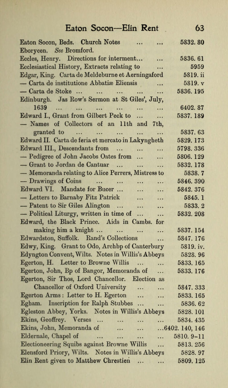 Eaton Socon, Beds. Church Notes 5832. 80 Eborycen. See Bromford. Eccles, Henry. Directions for interment... ... 5836. 61 Ecclesiastical History, Extracts relating to ... 5959 Edgar, King. Carta de Meldeburne et Aerningaford 5819. ii — Carta de institutione Abbatiae Eliensis ... 5819. v — Carta de Stoke ... ... ... 5836.195 Edinburgh. Jas Row’s Sermon at St Giles’, July, 1639 6402.87 Edward I., Grant from Gilbert Peck to ... ... 5837. 189 — Names of Collectors of an 11th and 7th, granted to ... ... ... ... ... 5837.63 Edward II. Carta de feria et mercato in Lakyngheth 5829. 173 Edward III., Descendants from ... ... ... 5798.336 — Pedigree of John Jacobs Oates from ... ... 5806. 129 — Grant to Jordan de Cantuar ... ... ... 5832.178 — Memoranda relating to Alice Perrers, Mistress to 5838. 7 — Drawings of Coins ... ... ... ... 5846. 390 Edward VI. Mandate for Bucer ... ... ... 5842.376 — Letters to Barnaby Fitz Patrick ... ... 5845. 1 — Patent to Sir Giles Alington ... ... ... 5833.2 — Political Liturgy, written in time of ... ... 5832. 208 Edward, the Black Prince. Aids in Cambs. for making him a knight ... ... ... ... 5837.154 Edwardston, Suffolk. Rand’s Collections ... 5847. 176 Edwy, King. Grant to Odo, Archbp of Canterbury 5819. iv. Edyngton Convent, Wilts. Notes in Willis’s Abbeys 5828.96 Egerton, H. Letter to Browne Willis ... ... 5833. 165 Egerton, John, Bp of Bangor, Memoranda of ... 5833. 176 Egerton, Sir Thos, Lord Chancellor. Election as Chancellor of Oxford University ... ... 5847.333 Egerton Arms; Letter to H. Egerton ... ... 5833. 165 Egham. Inscription for Ralph Stubbes 5836. 62 Egleston Abbey, Yorks. Notes in Willis’s Abbeys 5828. 101 Ekins, Geoffrey. Verses ... ... ... ... 5834. 435 Ekins, John, Memoranda of ... ... ...6402. 140, 146 Eldernale, Chapel of ... ... ... ... 5810. 9-11 Electioneering Squibs against Browne Willis ... 5813.256 Elensford Priory, Wilts. Notes in Willis’s Abbeys 5828. 97 Elin Rent given to Matthew Chrestieii ... ... 5809.125