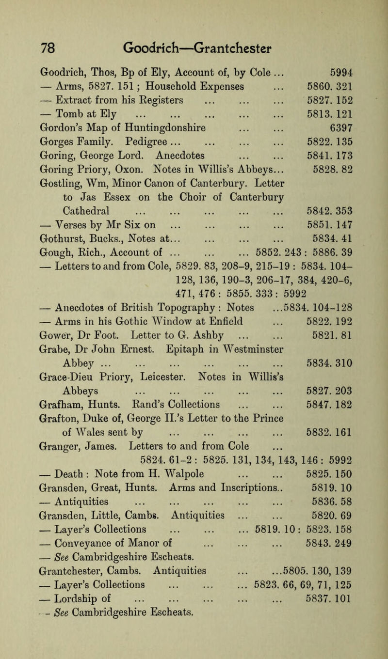 Goodrich, Thos, Bp of Ely, Account of, by Cole ... 5994 — Arms, 5827. 151 ; Household Expenses ... 5860. 321 — Extract from his Eegisters ... ... ... 5827.152 — Tomb at Ely ... ... ... ... ... 5813.121 Gordon’s Map of Huntingdonshire ... ... 6397 Gorges Family. Pedigree... ... ... ... 5822.135 Goring, George Lord. Anecdotes ... ... 5841. 173 Goring Priory, Oxon. Notes in Willis’s Abbeys... 5828. 82 Gostling, Wm, Minor Canon of Canterbury. Letter to Jas Essex on the Choir of Canterbury Cathedral ... ... ... ... ... 5842. 353 — Verses by Mr Six on ... ... ... ... 5851.147 Gothurst, Bucks., Notes at... ... ... ... 5834.41 Gough, Rich., Account of ... ... ... 5852.243: 5886.39 — Letters to and from Cole, 5829. 83, 208-9, 215-19 : 5834. 104- 128, 136, 190-3, 206-17, 384, 420-6, 471, 476: 5855. 333: 5992 — Anecdotes of British Topography : Notes ...5834. 104-128 5822. 192 5821. 81 — Arms in his Gothic Window at Enfield Gower, Dr Foot. Letter to G. Ashby Grabe, Dr John Ernest. Epitaph in Westminster Abbey ... Grace-Dieu Priory, Leicester. Notes in Willis’s Abbeys Grafham, Hunts. Rand’s Collections Grafton, Duke of, George H.’s Letter to the Prince of Wales sent by Granger, James. Letters to and from Cole 5824. 61-2 : 5825. 131, 134, 143, 146 : 5992 — Death : Note from H. Walpole Gransden, Great, Hunts. Arms and Inscriptions. — Antiquities Gransden, Little, Cambs. Antiquities — Layer’s Collections — Conveyance of Manor of — See Cambridgeshire Escheats. Grantchcster, Cambs. Antiquities — Layer’s Collections — Lordship of — - See Cambridgeshire Escheats. 5819 5823. 10: 5834. 310 5827. 203 5847. 182 5832. 161 5825. 150 5819. 10 5836. 58 5820. 69 5823. 158 5843. 249 5805. 130, 139 66, 69, 71, 125 5837. 101