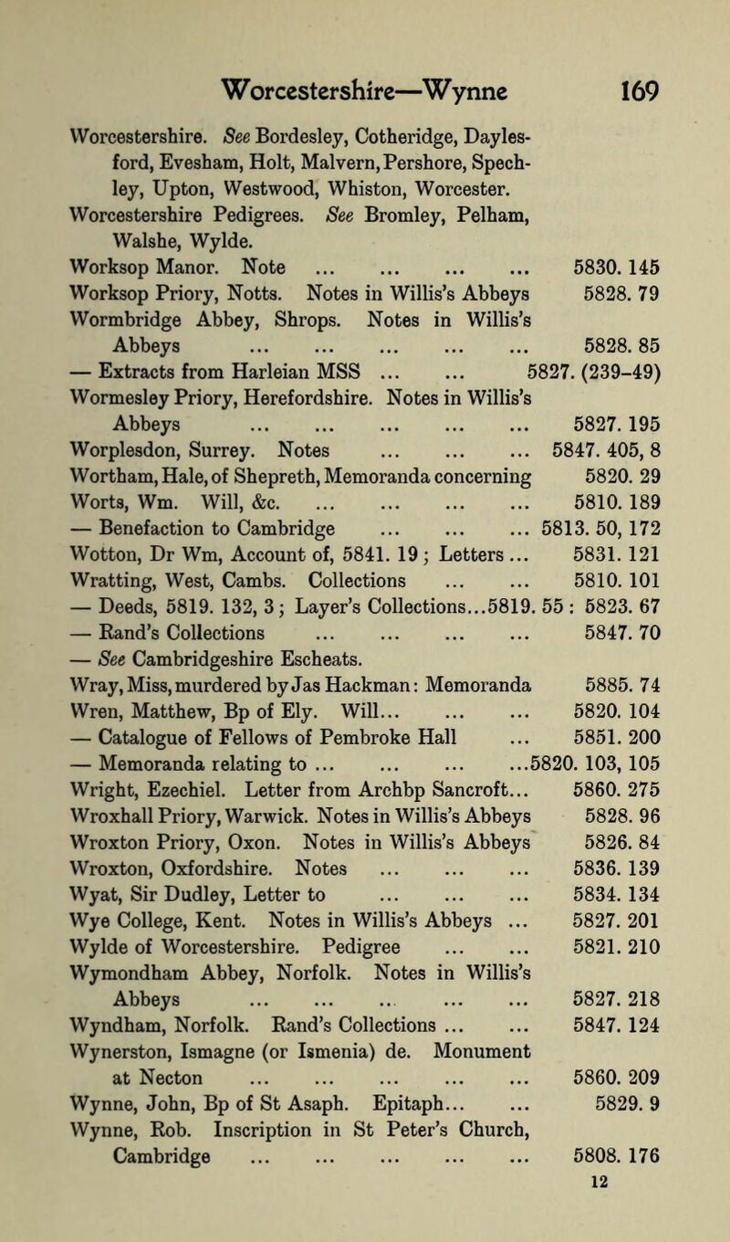 Worcestershire. See Bordesley, Cotheridge, Dayles- ford, Evesham, Holt, Malvern, Pershore, Spech- ley, Upton, Westwood, Whiston, Worcester. Worcestershire Pedigrees. See Bromley, Pelham, Walshe, Wylde. Worksop Manor. Note ... ... Worksop Priory, Notts. Notes in Willis’s Abbeys Wormbridge Abbey, Shrops. Notes in Willis’s Abbeys 5830.145 5828. 79 5828. 85 5827.(239-49) — Extracts from Harleian MSS ... Wormesley Priory, Herefordshire. Notes in Willis’s Abbeys 5827.195 Worplesdon, Surrey. Notes 5847. 405,8 Wortham, Hale, of Shepreth, Memoranda concerning 5820. 29 Worts, Wm. Will, &c. ... ... ... ... 5810. 189 — Benefaction to Cambridge ... 5813. 50,172 Wotton, Dr Wm, Account of, 5841. 19; Letters ... 5831. 121 Wratting, West, Cambs. Collections ... ... 5810. 101 — Deeds, 5819. 132, 3; Layer’s Collections...5819. 55 : 6823. 67 — Rand’s Collections ... ... ... ... 5847.70 — See Cambridgeshire Escheats. Wray, Miss, murdered by Jas Hackman; Memoranda Wren, Matthew, Bp of Ely. Will... — Catalogue of Fellows of Pembroke Hall — Memoranda relating to ... ... ... ...5820. 103, 105 Wright, Ezechiel. Letter from Archbp Sancroft... 5860. 275 Wroxhall Priory, Warwick. Notes in Willis’s Abbeys Wroxton Priory, Oxon. Notes in Willis’s Abbeys Wroxton, Oxfordshire. Notes Wyat, Sir Dudley, Letter to Wye College, Kent. Notes in Willis’s Abbeys Wylde of Worcestershire. Pedigree Wymondham Abbey, Norfolk. Notes in Willis’s Abbeys Wyndham, Norfolk. Rand’s Collections ... Wynerston, Ismagne (or Ismenia) de. Monument at Necton Wynne, John, Bp of St Asaph. Epitaph... Wynne, Rob. Inscription in St Peter’s Church, Cambridge ... ... 5885. 74 5820. 104 5851. 200 5828. 96 5826. 84 5836. 139 5834. 134 5827. 201 5821. 210 5827. 218 5847. 124 5860. 209 5829. 9 5808. 176 12