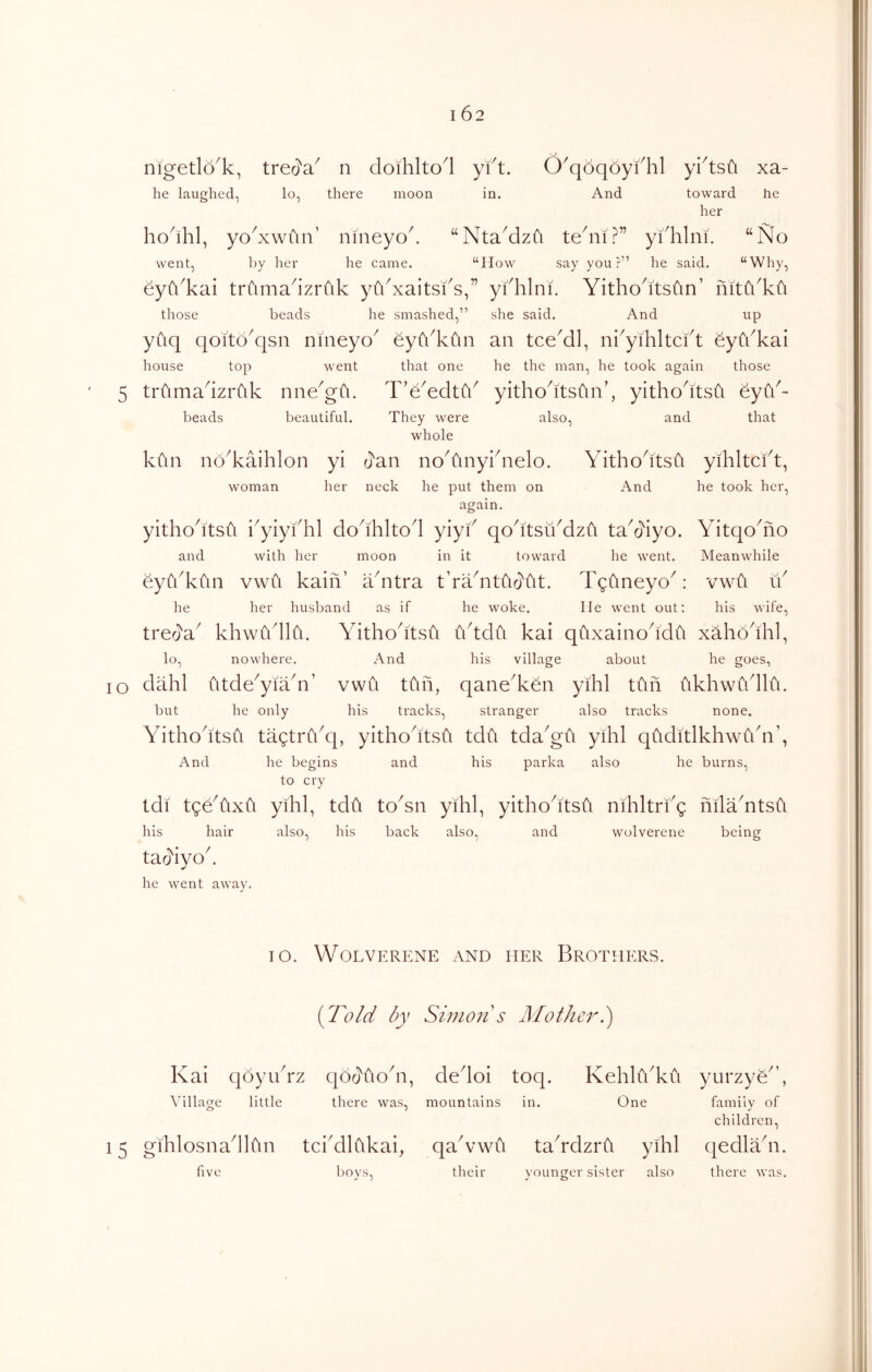 yi t. U qoqoyi 'hi yihsfi xa- in. And toward he her NtaMzfi tehdi ?” yi hlni. “No “How say you ?” he said. “Why, he laughed, lo, there moon went, by her he came. eyfi^kai trfima^izriik yfkxaitsfs,” ykhlni. Yitho^itsun’ mtfkkfi those beads he smashed,” she said. And up yuq qoito^qsn nineyo^ eytkkun an tce^dl, nkyihltckt eyCdkai house top went that one he the man, he took again those 5 trfimadzruk nne^gii. T’eYdtik yitho^itsun’, yithoddsti eyY- beads beautiful. They were whole also. and that kiiii nO^kaihlon yi (^an no^finyidielo. Yithodtsu yihltcft, woman her neck he put them on And he took her, again. yithoddsfi i^yiykhl dodhltod yiyi^ qoddsuMzii ta^o'iyo. Yitqo^no and with her moon in it toward he went. Meanwhile eyCkkun vwii kaiii’ Yntra t’rYntiirKit. Tgtineyo^: vwu u he her husband as if he woke. He went out: his wife, trerj'a^ khwudlu. Yithodtsu iktdii kai quxainoddu xaho^ihl, lo, nowhere. And his village about he goes, lo dahl utde^yiYn’ vwu tfin, qane^ken yihl tCin ukhwudlu. but he only his tracks, stranger also tracks none. Yithodtsii tagtridq, yithodtsu tdu tda^gu yihl quditlkhwidn’, And he begins and his parka also he burns, to cry tdi tgeYixii yihl, tdfi toYn yihl, yithohtsfi nihltrfg mla^ntsfi his hair also, his back also, and wolverene being tarhyoh he went away. lo. Wolverene and her Brothers, (Told by Simoit s Mothei'l) Kai qoyihrz qoc^'uohi, dedoi toq. KehhVku yurzyS^’, Village little there was, mountains in. One family of children, 15 gihlosnadlfin tciMlukai, qaY’wii tah'dzru yihl qedlYn. their younger sister also there was. five ooys