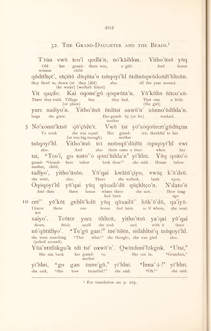 32. The Grand-Daughter and the Beads.^ T’ran vwti tco^i qedlTn, noTaihlon. Yithodtsfi yfiq Old her grand- there was, a girl. And house woman child qiiditltge^, etgmti dfiqfitaT tstiqoyfhl titdinfiqwtidoil(]'iTltstdn. they lived in, down (at they [did] also all the year around, the water) (worked fished) Yit qagdo. Kai oqone^gti qdqwtitaT. YYkuhn fiitcoYti- There they staid. Village fine they had. That one a little (or place) (the girl) yurz nac^^iyoT. Yitho^itsti titditsi oxwllT’ xtinnoTdihlaT. large she grew. Her grand- by (or for) worked. mother 5 No^xonniTtsii Vwti tsi yoYoqofircrfgilditgun To work she was equal Her grand- was thankful to her (or was big enough). mother tsitqoyfhl. Yithodtsfi tci noimqYdtir^ilt oqoqoyfhl vwi also. And also there came a time when her tsi, “Tcod, go toito^’6 qonfmhlaY” yfhlni. Yhq qoitoY grand- “Grand- here below look thou!” she said. House below mother, child, ta(3'iyo^, yitho^itsfin. YYqai kwatti^giyo, vwug k’lkdzCi. she went, also. There she walked, bank upon. Oqoqoykhl yi/qai yfiq qfixailkdii qughltgoY. N^datodi And then there house where there she saw. How long had been ago lO yYktit gehlfiTdfi yfiq qfixaiD^’ hfik’Ydu, qadyfi- I know there one house had been as if where, she went not xaiyok Tciltcr yurz fihltcit, yitho^itsfi ya^qai yikqai down. Stick small she took and with it there nu'qfititliyok “Te^gfi gan?” ineTr^en, sidahltsfq tsfiqoyfhl. she went searching “This what?” she thought, she was glad also, (poked around). YtiTntitlukgoT tdi tsk oxwiVn’. Owfitdonidiikgok. “Utsi,” She ran back her grand- to. She ran in. “Grandma,” mother yfhlni, “go gan enne^gfi,” yfhlni. “Inna^-f!’’ ykhlni. she said, “this how beautiful!” she said. “Oh!” she said.