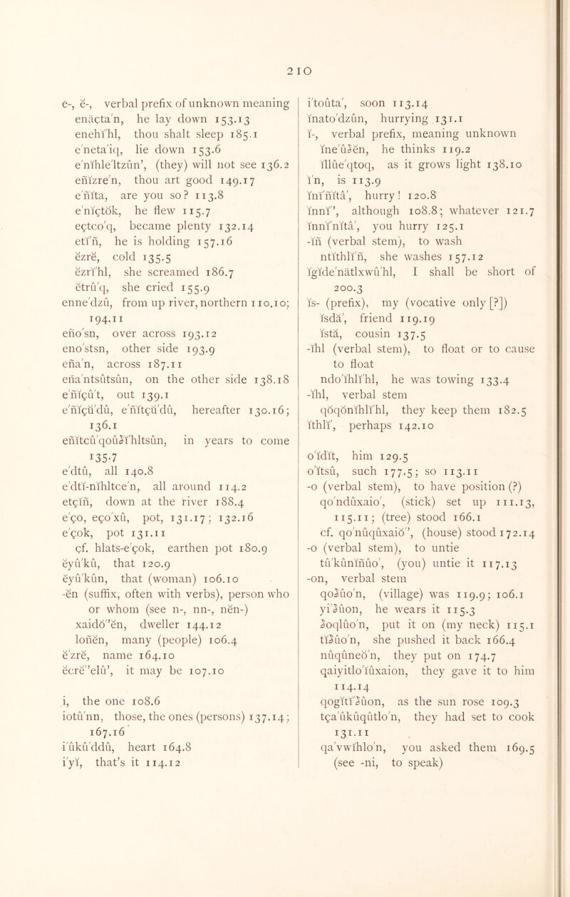 2 lO e-, e-, verbal prefix of unknown meaning eniictan, he lay down 153.13 enehi'hl, thou shalt sleep 185.1 e'neta'iq, lie down 153.6 e'nihle'ltzim’, (they) will not see 136.2 enizre'n, thou art good 149.17 e'nita, are you so? 113.8 e'nigtdk, he flew 115.7 eptco'q, became plenty 132.14 effn, he is holding 157.16 ezre, cold 135.5 ezri'hl, she screamed 186.7 etru'q, she cried 155.9 enne'dzu, from up river, northern no.10; T94.11 eho'sn, over across 193.12 eno'stsn, other side 193.9 ena'n, across 187.11 eha'ntsiitsun, on the other side 138.18 e'fiigu't, out 139.1 eniqu'du, e'nitqti'du, hereafter 130.16; 136.1 enitcu'qou^i'hltsim, in years to come 135-7 e'dtu, all 140.8 e'dti-nihltce'n, all around 114.2 etqm, down at the river 188.4 e'qo, ego XU, pot, 131.17; 132.16 e'gok, pot 131.11 gf. hlats-e'gok, earthen pot 180.9 eyiVku, that 120.9 eyu'kiin, that (woman) 106.10 -en (suffix, often with verbs), person who or whom (see n-, nn-, nen-) xaidd'^en, dweller 144.12 lonen, many (people) 106.4 e'zre, name 164.10 ecre'^ekV, it may be 107.10 i, the one 108.6 iotu'nn, those, the ones (persons) 137.14; 167.16 i'ukiVddu, heart 164.8 i'yi, that’s it 114.12 i'touta', soon 113.14 mato'dzun, hurrying 131.1 1-, verbal prefix, meaning unknown ine'u^en, he thinks 119.2 illue'qtoq, as it grows light 138.10 i'n, is 113.9 ininita, hurry! 120.8 inni’, although 108.8; whatever 121.7 mni'nita', you hurry 125.1 -in (verbal stem), to wash nfithlin, she washes 157.12 igide'natlxwu'hl, I shall be short of 200.3 IS- (prefix), my (vocative only [?]) isda', friend 119.19 ista, cousin 137.5 -ihl (verbal stem), to float or to cause to float ndo'ihli'hl, he was towing 133.4 -ihl, verbal stem qbqbnihli'hl, they keep them 182.5 ithli', perhaps 142.10 o'ldit, him 129.5 o'ltsu, such 177.5; -0 (verbal stem), to have position (?) qo'nduxaio', (stick) set up in. 13, 115.11; (tree) stood 166.i cf. qo'nuquxaib'’, (house) stood 172.14 -o (verbal stem), to untie tii'kuninuo', (you) untie it 117.13 -on, verbal stem qo^iio'n, (village) was 119.9; 106.i yi'3uon, he wears it 115.3 ^oqluo'n, put it on (my neck) 115.1 fi<^uon, she pushed it back 166.4 nuqimeb'n, they put on 174.7 qaiyitlo'mxaion, they gave it to him 114.14 qogiti'^uon, as the sun rose 109.3 tga'ukuqutlo'n, they had set to cook qa'vwihlo'n, you asked them 169.5 (see -ni, to speak)