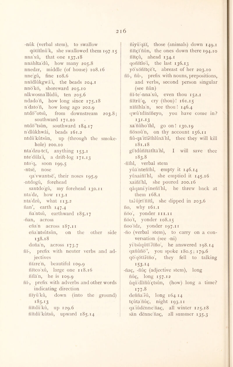 -nuk (verbal stem), to swallow qbtitlnu'k, she swallowed them 197-15 nnaxu, that one 137.18 nnahltaclu, how many 205.8 nnedzr, middle (of house) 108.16 nne'gh, fine 108.6 nnidliikgwa i, the beads 204.1 nnb'kb, shoreward 205.10 nlkwosnalludu, ten 205.6 ndadon, how long since 175.18 n'dato'n, how long ago 202.9 ntdb'’otsu, from downstream 203.8; southward 171.10 ntdb'’tsun, southward 184.17 n'dlukhwai, beads 161.2 ntdiVkutsim, up (through the smoke- hole) 200.10 nta'dzu-tci, anything 153.1 nte'dfila'i, a drift-log 171.13 ntoq, soon 199.5 -ntse, nose qa'vwantse', their noses 195.9 -ntdogu, forehead santdo'gu, my forehead 130.ii nta'dz, how 113.1 nta'dzu, what 113.2 nan’, earth 147.4 na'ntsu, earthward 185.17 -nan, across ena'n across 187.11 ena'ntsutsun, on the other side 138.18 dona'n, across 173.7 ni-, prefix with neuter verbs and ad- jectives nizre'n, beautiful 109.9 mtco'xu, large one i[8.i6 nilan, he is 109.9 ni-, prefix with adverbs and other words indicating direction niyiVku, down (into the ground) •85-13 mtdiVku, up 129.6 nftdiVkutsu, upward 185.14 niyiVqai, those (animals) down 149. i mtgi'nun, the ones down there 194.10 nitgu, ahead 134. i qomtlo'i, the last 136.13 yd'xonitge't, abreast of her 203.10 hi-, hu-, prefix with nouns, prepositions, and verbs, second person singular (see nun) hi-te'-nna XU, even thou 152.1 hitridq, cry (thou)! 161.15 nimhla'n, see thou! 146.4 (jwii'tdmmeyo, you have come in? xa'huho'ihl, go on! 130.19 nbxoii'n, on thy account 156.11 nu-qa'iti^ihluxa'hl, thee they will kill 181.18 gi'tduhitatlta hi, I will save thee 183.8 -nihl, verbal stem yua'ntenihl, empty it 146.14 yuxaihi'hl, she emptied it 145.16 xaini'hl, she poured 200.16 qaqani'yinehi'hl, he threw back at them 168.1 ta^ujri'hitl, she dipped in 203.6 ho, why 161.1 hbo', yonder iii.ii hbo't, yonder 108.15 hoo'idz, yonder 197.11 -ho (verbal stem), to carry on a con- versation (see -ni) yi'tsuquti'^mo', he answered 198.14 qahuho'’, you spoke 180.5; 179.6 q5'qoti3iho', they fell to talking 153-14 -hag, -hug (adjective stem), long hug, long 157.12 uqui'dlihii'gtsun, (how) long a time? 177.8 dehha'i^u, long 164 14 tguta'hug, night 193.11 qa'iudenne'hag, all winter 125.18 san denne'hag, all summer 135.3