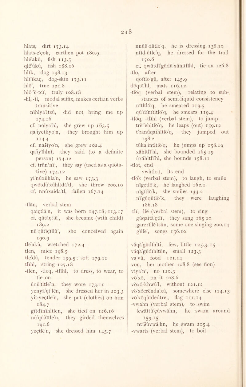 hlats, dirt 173.14 hlats-egok, earthen pot 180.9 hleaku, fish 113.5 qlS'uku, fish 188.16 hlik, dog 198.13 hli'ikag, dog-skin 173.11 hid’, true 121.8 hld'’6-tc], truly 108.18 -hi, -tl, modal suffix, makes certain verbs transitive nihlyaltzu, did not bring me up 174.16 cf. noiyahl, she grew up 163.5 qa'iyetliyo n, they brought him up 114.4 cf. na.$iyo'n, she grew 202.4 qa'iyihln'i, they said (to a definite person) 174.12 cf. trun’ni', they say (used as a quota- tive) 174.12 yinuxuhla'n, he saw 173.3 qwdtdu'xuhltda tl, she threw 200.10 cf. nnuxaidatl, fallen 167.14 -tlan, verbal stem qaigtla'n, it was born 147.18; 113.17 cf. qutagtlu', she became (with child) 189.2 nu'qutigilliV, she conceived again 190.9 tle'aku, wretched 172.4 tlen, mice 198.5 tle'du, tender 199.5; tlihl, string 127.18 -tlen, -tleq, -tlihl, to dress, to wear, to tie on uqiVtltle'n, they wore 173.11 yenyagt’len, she dressed her in 203.3 yit-yegtle'n, she put (clothes) on him 184.7 g'ltdmihltlen, she tied on 126.16 mVquJitle'n, they girded themselves 191.6 yegtle'n, she dressed him 145.7 nnuiVdutle'q, he is dressing 138.10 ntid-utle'q, he dressed for the trail 170.6 cf. qwutdi'gudu'xuhltlihl, tie on 126.8 -tlo, after qoitlo'gu, after 145.9 tldqtahl, mats 116.12 -tldq (verbal stem), relating to sub- stances of semi-liquid consistency nitltld'q, he smeared 119.5 qii'dinitltld'q, he smears 119.4 -tldq, -tlihl (verbal stem), to jump tre'’ehltld'q, he leaps (out) 159.12 t’raniiqaihltld'q, they jumped out 198.2 tuka'intltld'q, he jumps up 158.19 xahltli'hl, she bounded 165.19 uxahltli'hl, she bounds 158.11 -tlot, end vwiitlo't, its end -tldk (verbal stem), to laugh, to smile nigetld'k, he laughed 162.1 nigitld'k, she smiles 133.2 ni'guqutld'k, they were laughing 186.18 -til, -lie (verbal stem), to sing guqaitagtli, they sang 165 10 garzrille'tsiin, some one singing 200.14 gille', songs 156.10 vaqagudihlti, few, little 125.3,15 vaqagudihltun, small 123.3 vaVu, food 121.14 von, her mother 108.8 (see non) viyan’, no 120.3 vd'xd, on it 108.6 vdxd-khwii'l, without 121.12 vd'xdcrenda'xu, somewhere else 124.13 vd'xdqutdedtre', tiag 111.14 -vwahn (verbal stem), to swim kwattu'quvwahn, he swam around 159-15^ nfi<^uvwahn, he swam 205.4 -vwarts (verbal stem), to boil