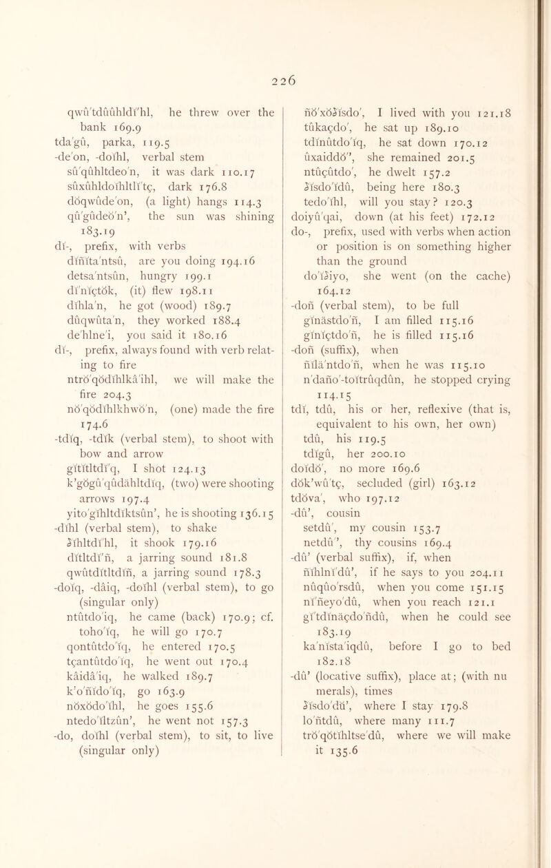 qwiVtduuhldi'hl, he threw over the bank 169.9 tdagii, parka, 119.5 -de'on, -doihl, verbal stem su'quhltdeo'n, it was dark no. 17 suxuhldoihltlftq, dark 176.8 ddqwude'on, (a light) hangs 114.3 qiVgudeb'n’, the sun was shining 183.19 di-, prefix, with verbs dinita'ntsu, are you doing 194.16 detsa'ntsun, hungry 199.1 dfniqtdk, (it) flew 198.11 dihla'n, he got (wood) 189.7 duqwuta'n, they worked 188.4 de'hlne'i, you said it 180.16 di-, prefix, always found with verb relat- ing to fire ntro'qbdihlka'ihl, we will make the fire 204.3 nb'qbdihlkhwb'n, (one) made the fire 174.6 -tdiq, -tdik (verbal stem), to shoot with bow and arrow gititltdi'q, I shot 124.13 k’gbgu'qudahltdiq, (two) were shooting arrows 197.4 yito'gihltdiktsun’, he is shooting 136.15 -dihl (verbal stem), to shake ^ihltdi'hl, it shook 179.16 ditltdi'n, a jarring sound 181.8 qwutditltdin, a jarring sound 178.3 -doiq, -daiq, -doihl (verbal stem), to go (singular only) ntutdo'iq, he came (back) 170.9; cf. toho'iq, he will go 170.7 qontutdo'iq, he entered 170.5 tqantutdo'iq, he went out 170.4 kaida'iq, he walked 189.7 k’o'nido'iq, go 163.9 nbxbdo'ihl, he goes 155.6 ntedo'iltzun’, he went not 157.3 -do, doihl (verbal stem), to sit, to live (singular only) nb'xb^isdo', I lived with you 121.18 tukaqdo', he .sat up 189.10 tdmiitdo'iq, he sat down 170.12 uxaiddd, she remained 201.5 ntugutdo', he dwelt 157.2 .^isdo'idu, being here 180.3 tedo'ihl, will you stay? 120.3 doiyu'qai, down (at his feet) 172.12 do-, prefix, used with verbs when action or position is on something higher than the ground do'Oiyo, she went (on the cache) 164.12 -don (verbal stem), to be full gmastdo'n, I am filled 115.16 giniqtdo'n, he is filled 115.16 -don (suffix), when mla'ntdo'n, when he was 115.10 n'dano'-toitruqdun, he stopped crying 114.15 tdi, tdu, his or her, reflexive (that is, equivalent to his own, her own) tdu, his 119.5 tdigii, her 200.10 doidd', no more 169.6 dbk’wu'tg, secluded (girl) 163.12 tdbva', who 197.12 -did, cousin setdid, my cousin 153.7 netdid’, thy cousins 169.4 -did (verbal suffix), if, when mhln'fdid, if he says to you 204.11 nuquo'rsdii, when you come 151.15 ni'neyo'dii, when you reach 121.1 gi'tdinaqdo'ndu, when he could see 183.19 ka'nista'iqdii, before I go to bed 182.18 -did (locative suffix), place at; (with nu merals), times ^isdo'du’, where I stay 179.8 lo'ntdii, where many 111.7 trb'qbtihltse'dii, where we will make it 135.6