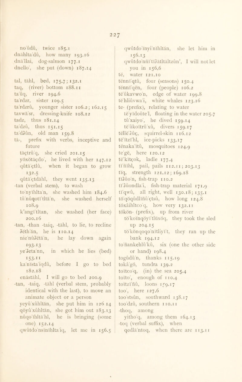 no'udu, twice 185.1 dnahlta'du, how many 193.16 dna'llai, dog-salmon 177.1 dnello', she put (down) 187.14 tal, tiihl, bed, 175.7; 132.i taq, (river) bottom 188.11 ta'uq, river 194.6 ta'rdzr, sister 109.5 ta'rdzru, younger sister 106.2; 162.15 tavwcl'sr, dressing-knife 108.12 tadz, thus 181.14 ta'dzu, thus 151.15 ta'd^un, old man 159.8 ta-, prefix with verbs, inceptive and future tagtrii'q, she cried 201.15 ydxbtaqdo', he lived with her 147.12 quta'gtlu, when it began to grow ^132.5 quta'gtdahl, they went 135.13 -tan (verbal stem), to wash to'nyihlta'n, she washed him 184.6 tiVnuqoti'tlta'n, she washed herself 108.9 k’angi'tltan, she washed (her face) 200.16 -tan, -than -taiq, -tahl, to lie, to recline ^ethan, he is 110.14 nie'nu^eta'n, he lay down again ^93-^3 ye'^eta'nn, in which he lies (bed) 153-11 ka'nista'iqdu, before I go to bed 182.18 enastahl, I will go to bed 200.9 -tan, -taiq, -tahl (verbal stem, probably identical with the la.st), to move an animate object or a person yeyu'xuhltan, she put him in 126 14 qdyu'xuhltan, she got him out 183.13 nuqo'ihlta'hl, he is bringing (some one) 152.14 ([WLitdo'nsmlhlta'icp let me in 156.5 (pvutdo'inyi'nihltdn, she let him in 156.13 {|wutdo'nni'ti^atltaltzLin’, 1 will not let you in 156.6 te, water 121.10 tenni'qtu, four (seasons) 150.4 tenni'qen, four (people) 106.2 te'ukavwo'n, edge of water 199.8 te'hliuvwa'i, white whales 123.16 te- (prefix), relating to water te'yidoute'l, floating in the water 205.7 tu'xaiyo', he dived 159.14 te'ukoitru'xu, divers 159.17 telle'i^ug, squirrel-skin 116.12 te'itzi'hl, ice-picks 133.17 tenaka'itu, mosquitoes 124.9 te'ge, here 120.12 te'kitgok, ladle 177.4 tinihl, pail, pails 112.11; 203.13 tlq, strength 121.12 ; 169.18 ti^uo'n, fish-trap 110.2 ti'<5uondla'i, fish-trap material 171.9 ffqwu, all right, well 130.18; 135.i tb'qbqudlinu'gtsu, how long 124.8 tbxaihltco'q, how very 132.11 tbkbn- (prefix), up from river tb'komqbyi'tluxdq, they took the sled up 204.15 tb'kbnqoqo'nitliyi't, they ran up the bank 194.12 to nankehlu'ku, six (one the other side or hand) 198.4 togudiVn, thanks 115.19 toka'gb, tundra 139.2 toltco'q, (in) the sea 205.4 toito', enough of 110.4 toitzi'nu, loons 159.17 too', here 127.6 too'stsun, southward 138.17 too'dzu, southern iio.ii -thoq, among yitho'q, among them 164.13 -tO(| (verbal suffix), when qedlil'ntoq, when there are 113.11