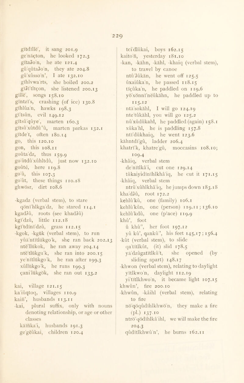 2 29 glt(lill6', it sang 201.9 ge'na^ton, he looked 172.3 gita,$o'n, he ate 121.4 gu'quta-^o'n, they ate 204.8 giVxiisso'n’, 1 ate 132.10 glhlvwa'rts, she boiled 200.2 gi^i'tltqon, she listened 200.13 gills', songs 158.10 gintzi's, crashing (of ice) 130.8 gihlua'n, hawks 198.3 gi'tsiin, evil 149.12 gitsiVquye', marten 160.3 gitsu'xutdu'’u, marten parkas 132.i gitde't, often 180.14 go, this 120.10 gon, this 108.11 goiita'dz, thus 159.9 go'utdiVxiihltdu, just now 132.10 goute, here 119.8 go'll, this 107.3 go'ut, these things no.18 ghwdsr, dirt 108.6 -kgadz (verbal stem), to stare qdni'hlkga'dz, he stared 114.1 kgad^u, roots (see khad^ii) kgi'dzu, little 112.18 kgi'tdini'dzu, grass 112.15 -kgok, -kguk (verbal stem), to run yua'ntithikgo'k, she ran back 202.13 nte'llukok, he ran away 204.14 nte'tlukgii'k, she ran into 200.15 ye'nitlukgo'k, he ran after 199.3 xiillukgo'k, he runs 199.3 gani'liikgbk, she ran out 133.2 kai, village 121.15 ka'iuqtoq, villages 110.9 kain’, husbands 113.11 -kai, plural suffix, only with nouns denoting relationship, or age or other classes kaihka'i, husbands 191.3 ge'gSukai, children 120.4 I tci'dlukai, boys 162.15 I kaito'n, yesterday 181.10 I -kan, -kahn, -kihl, -khaic} (verbal stem), [ to travel by canoe [ ntiV^ukhn, he went off 125.5 I lixaiuka'ii, he passed 118.15 I tiquka'n, he paddled on 119.6 yb'xbnni'neuklhn, he paddled up to 115.12 nta'sokahl, I will go 124.19 nte'tukahl, you will go 125.2 nu'xLidukahl, he paddled (again) 158.1 xiika'hl, he is paddling 157.8 nti'dukhaiq, he went 123.6 kahntdi'gu, ladder 206.4 khatri'k, khatre'gii, moccasins 108.10; 109.4 -khaiq, verbal stem de'nitlka'i, cut one 129.14 tukaiyidmihlkha'iq, he cut it 171.15 -khaiq, verbal stem I ntriVxuhlkha'iq, he jumps down 183.18 [ kha'd<$ii, root 172.2 I kehhVku, one (family) 106.i I kehhVkun, one (person) 119.11; 136.10 I kehlu'kdii, one (p!ace) 119.9 ' khiV, foot li khu, her foot 197.12 j yu kiV, qanku'’, his feet 145.17; 156.4 I -kiit (verbal stem), to slide I qa'titlkut, (it) slid 178.5 I ya'dzugatitlku't, she opened (by sliding apart) 148.17 -khwon (verbal stem), relating to daylight j yitlkwo'n, daylight 112.19 yi'tttlkhwo'n, it became light 107.15 ! khwun’, fire 200.10 i -khwun, -kaihl (verbal stem), relating I to fire ' nd'qdqudihlkhwd'n, they make a fire i (pi.) 137-10 ntrd'iibdlhlka'ihl, we will make the fire 204.3 > quditlkhwu'n’, he burns 162.11