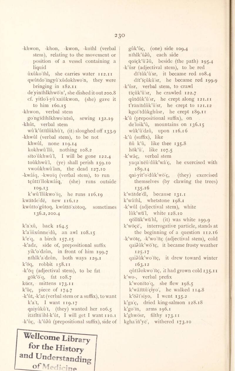 -khwon, -khon, -kwon, -koihl (verbal stem), relating to the movement or position of a vessel containing a liquid uxuko'ihl, she carries water 112.11 qwutdo'mgyu'xudokhwo'n, they were bringing in 182.11 de'yinihlkhwd'n’, she dished it out 200.8 cf. yitlo'i-yu'xaiukwon, (she) gave it to him 160.15 -khwon, verbal stem go'ngidihlkhwo'ntsu, sewing 132.19 -khut, verbal stem wiVk’utitlukhu't, (it) sloughed off 133.9 -khwLil (verbal stem), to be not khwul, none 119.14 kokhwu'llu, nothing 108.2 sito'ukhwu'l, I will be gone 122.4 toukhwu'l, (ye) shall perish 159.10 vwoukhwu'lan, the dead 127.10 -kwaiq, -kwoiq (verbal stem), to run tgutti'llokwaiq, (she) runs outside 109.13 k’wiVllukwo'iq, he runs 116.19 kwatde'de, new 116.12 kwutto'gutoq, kwLittd'xbtoq, sometimes 136.2, 200.4 k’a'xLi, back 164.5 k’a'iuxunne'du, an awl 108.15 k’e'q, a birch 157.15 -k’adz, side of, prepositional sufhx yik’o'dziin, in front of him 199.7 nihlk’a'dzun, both ways 129.1 k’dq, robbit 158.11 -k’dq (adjectival stem), to be fat gdk’d'q, fat 108.7 kucr, mittens 173.ii k’ug, piece of 174.7 -k’ut, -k’at (verbal stem or a suffix), to want k’a't, I want 119.17 qaiyuku't, (they) wanted her 106.5 itatltu'ihl-k’ut, I will get I want 110.i -khiq, -k’u^u (prepositional suffix), side of giik’ug, (one) side 109.4 nihlk’u^ii, each side qoigk’u'^u, beside (the path) 195.4 -k’lisr (adjectival stem), to be red dftuk’u'sr, it became red 108.4 dit’iQuku'sr, he became red 199.9 -k’usr, verbal stem, to crawl tiquk’u'sr, he crawled 122.7 qutduk’iVsr, he crept along 121.11 t’ranitduk’u'sr, he crept to 121.12 kgoi'tdukghusr, he crept 189.11 -k’u (prepositional suffix), on de'loik’u, mountains on 136.15 wuk’u'dzu, upon 116.16 -k’u (suffix), like nu k’u, like thee 135.8 hdk’ib, like 107.5 -k’wag, verbal stem yaqa'neu'duk’wa'q, he exercised with 189.14 qai-yit’o'duk’wd'g, (they) exercised themselves (by clawing the trees) 135-16 k’watde'dl, because 131.1 k’waihl, whetstone 198.1 -k’wul (adjectival stem), white luk’wu'l, white 128.10 qdlluk’wii'hl, (it) was white 199.9 k’wdge', interrogative particle, stands at the beginning of a question 112.16 -k’wdtq, -k’wo'itg (adjectival stem), cold qai^Lik’wd'tq, it became frosty weather 125.17 qai^iik’wo'itq, it drew toward winter 163.12 quti^okwodtq, it had grown cold 135.11 k’wo-, verbal prefix k’wonito'q, she flew 198.5 k’waittiVqiyo', he walked 114.8 k’bi^i'siyo, I went 135.2 k’ga'q, dried king-salmon 128.18 k’go'in, arms 196.1 k’ghwdsr, filthy 173.11 kgha'in’ye', withered 173.10