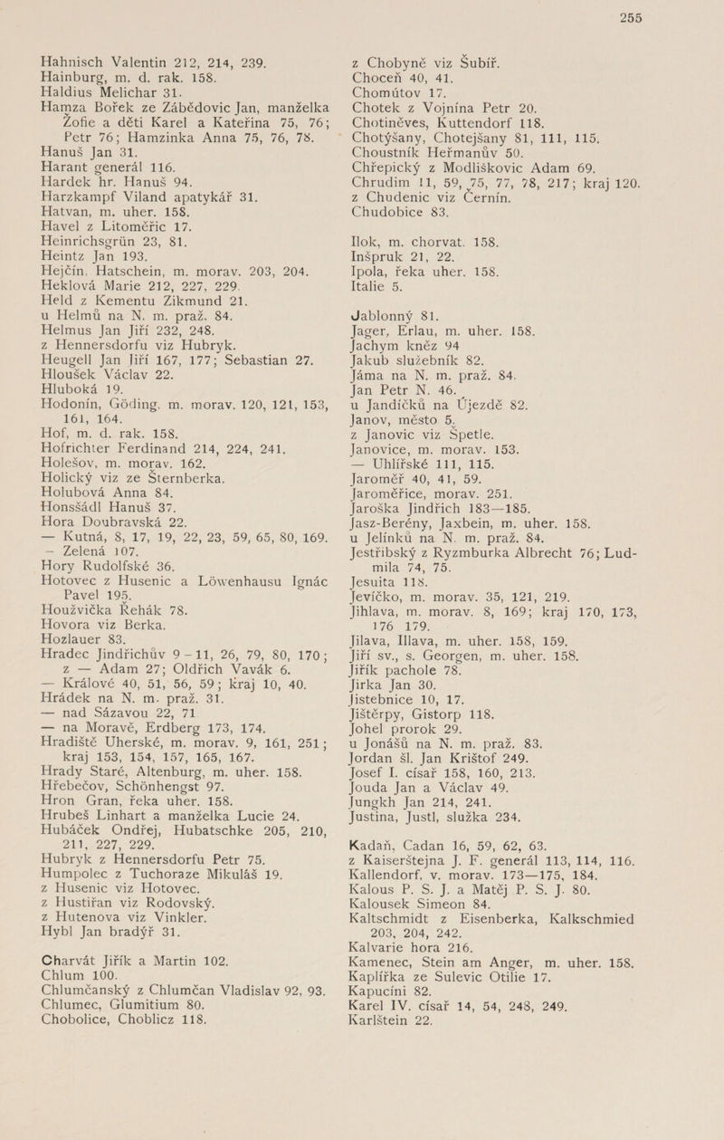 Hahnisch Valentin 212, 214, 239. Hainburg, m. d. rak. 158. Haldius Melichar 31. Hamza Bořek ze Zábědovic Jan, manželka Zofie a děti Karel a Kateřina 75, 76; Petr 76; Hamzinka Anna 75, 76, 78. Hanuš Jan 31. Harant generál 116. Hardek hr. Hanuš 94. Harzkampf Viland apatykář 31. Hatvan, m. uher. 158. Havel z Litoměřic 17. Heinrichsgrün 23, 81. Heintz Jan 193. Hejčín, Hatschein, m. morav. 203, 204. Heklová Marie 212, 227, 229. Held z Kementu Zikmund 21. u Helmu na N. m. praž. 84. Helmus Jan Jiří 232, 248. z Hennersdorfu viz Hubryk. Heugell Jan Jiří 167, 177; Sebastian 27. Hloušek Václav 22. Hluboká 19. Hodonín, Göding, m. morav. 120, 121, 153, 161, 164. Hof, m. d. rak. 158. Hofrichter Ferdinand 214, 224, 241. Holešov, m. morav. 162. Holický viz ze Šternberka. Holubová Anna 84. Honsšádl Hanuš 37. Hora Doubravská 22. — Kutná, 8, 17, 19, 22, 23, 59, 65, 80, 169. — Zelená 107. Hory Rudolfské 36. Hotovec z Husenic a Löwenhausu Ignác Pavel 195. Houžvička Řehák 78. Hovora viz Berka. Hozlauer 83. Hradec Jindřichův 9 -11, 26, 79, 80, 170; z — Adam 27; Oldřich Vavák 6. — Králové 40, 51, 56, 59; kraj 10, 40. Hrádek na N. m. praž. 31. — nad Sázavou 22, 71 — na Moravě, Erdberg 173, 174. Hradiště Uherské, m. morav. 9, 161, 251; kraj 153, 154, 157, 165, 167. Hrady Staré, Altenburg, m. uher. 158. Hřebečov, Schönhengst 97. Hron Gran, řeka uher. 158. Hrubeš Linhart a manželka Lucie 24. Hubáček Ondřej, Hubatschke 205, 210, 211, 227, 229. Hubryk z Hennersdorfu Petr 75. Humpolec z Tuchoraze Mikuláš 19. z Husenic viz Hotovec. z Hustiřan viz Rodovský. z Hutenova viz Vinkler. Hýbl Jan bradýř 31. Charvát Jiřík a Martin 102. Chlum 100. Chlumčanský z Chlumčan Vladislav 92, 93. Chlumec, Glumitium 80. Chobolice, Choblicz 118. z Chobyně viz Šubíř. Choceň 40, 41. Chomútov 17. Chotek z Vojnína Petr 20. Chotiněves, Kuttendorf 118. Chotýšany, Chotejšany 81, 111, 115. Choustník Heřmanův 50. Chřepický z Modliškovic Adam 69. Chrudim 11, 59, J75, 77, 78, 217; kraj 120. z Chudenic viz Černín. Chudobice 83. Ilok, m. chorvat. 158. Inšpruk 21, 22. Ipola, řeka uher. 158. Itálie 5. Jablonný 81. Jager, Erlau, m. uher. 158. Jáchym kněz 94 Jakub služebník 82. Jáma na N. m. praž. 84, Jan Petr N. 46. ^ u Jandíčků na Újezdě 82. lanov, město 5. z Janovic viz Spetle. Janovice, m. morav. 153. — Uhlířské 111, 115. Jaroměř 40, 41, 59. Jaroměřice, morav. 251. Jaroška Jindřich 183—185. jasz-Berény, Jaxbein, m. uher. 158. u Jelínků na N. m. praž. 84. Jestřibský z Ryzmburka Albrecht 76; Lud¬ mila 74, 75. Jesuita 118. Jevíčko, m. morav. 35, 121, 219. Jihlava, m. morav. 8, 169; kraj 170, 173, 176 179. Jilava, Hlava, m. uher. 158, 159. Jiří sv., s. Georgen, m. uher. 158. Jiřík pachole 78. Jirka Jan 30. Jistebnice 10, 17. Jištěrpy, Gistorp 118. Johel prorok 29. u Jonášů na N. m. praž. 83. Jordan šl. Jan Krištof 249. Josef I. císař 158, 160, 213. Jouda Jan a Václav 49. Jungkh Jan 214, 241. Justina, Justl, služka 234. Kadaň, Cadan 16, 59, 62, 63. z Kaiserštejna J. F. generál 113, 114, 116. Kallendorf, v. morav. 173—175, 184. Kalous P. S. J. a Matěj P. S. J. 80. Kalousek Simeon 84. Kaltschmidt z Eisenberka, Kalkschmied 203, 204, 242. Kalvárie hora 216. Kamenec, Stein am Anger, m. uher. 158. Kaplířka ze Sulevic Otilie 17. Kapucíni 82. Karel IV. císař 14, 54, 248, 249. Karlštein 22.