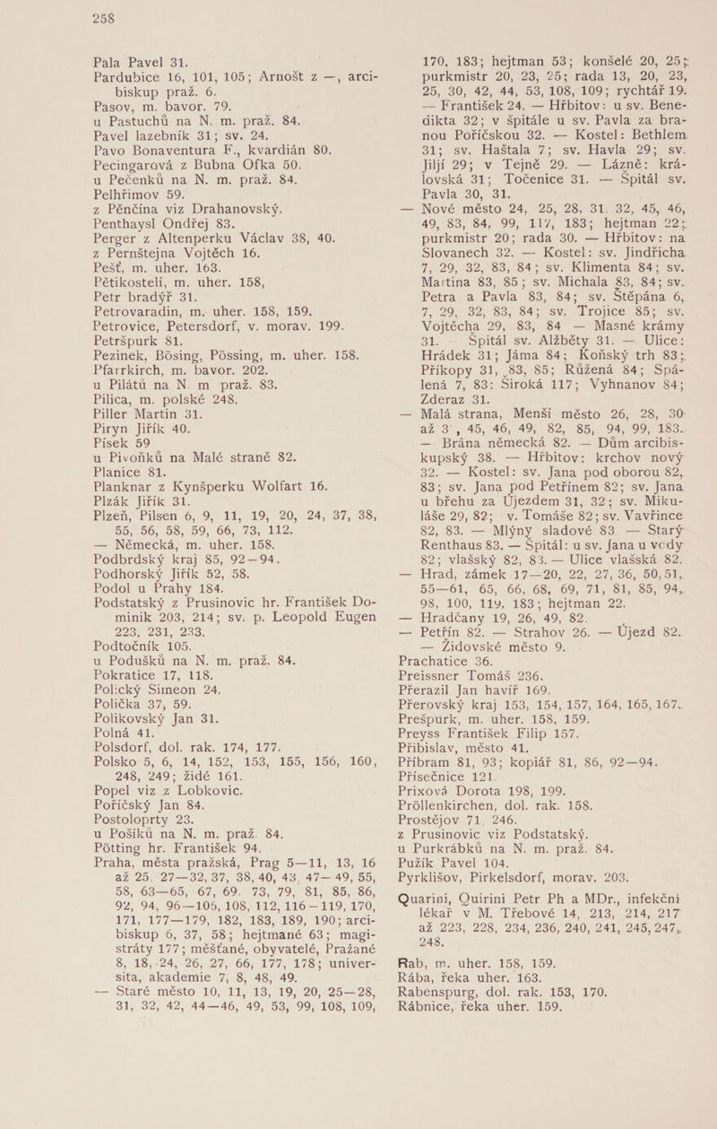 Pala Pavel 31. Pardubice 16, 101, 105; Arnošt z —, arci¬ biskup praž. 6. Pasov, m. bavor. 79. u Pastuchů na N. m. praž. 84. Pavel lazebník 31; sv. 24. Pavo Bonaventura F., kvardián 80. Pecingarová z Bubna Ofka 50. u Pečenku na N. m. praž. 84. Pelhřimov 59. z Pěnčína viz Drahanovský. Penthaysl Ondřej 83. Perger z Altenperku Václav 38, 40. z Pernštejna Vojtěch 16. Pešť, m. uher. 163. Pětikostelí, m. uher. 158, Petr bradýř 31. Petrovaradin, m. uher. 158, 159. Petrovice, Petersdorf, v. morav. 199. Petršpurk 81. Pezinek, Bösing, Pössing, m. uher. 158. Pfarrkirch, m. bavor. 202. u Pilátů na N m praž. 83. Pilica, m. polské 248. Piller Martin 31. Piryn Jiřík 40. Písek 59 u Pivoňků na Malé straně 82. Planíce 81. Planknar z Kynšperku Wolfart 16. Plzák Jiřík 31. Plzeň, Pilsen 6, 9, 11, 19, 20, 24, 37, 38, 55, 56, 58, 59, 66, 73, 112. — Německá, m. uher. 158. Podbrdský kraj 85, 92 — 94. Podhorský Jiřík 52, 58. Podol u Prahy 184. Podstatský z Prusinovic hr. František Do¬ minik 203, 214; sv. p. Leopold Eugen 223, 231, 233. Podtočník 105. u Podušku na N. m. praž. 84. Pokratice 17, 118. Polický Simeon 24. Polička 37, 59. Polikovský Jan 31. Polná 41. Polsdorf, dol. rak. 174, 177. Polsko 5, 6, 14, 152, 153, 155, 156, 160, 248, 249; židé 161. Popel viz z Lobkovic. Poříčský Jan 84. Postoloprty 23. u Pošíků na N. m. praž. 84. Pötting hr. František 94. Praha, města pražská, Prag 5—11, 13, 16 až 25, 27—32, 37, 38, 40, 43, 47- 49, 55, 58, 63—65, 67, 69, 73, 79,'81, 85, 86, 92, 94, 96 — 106, 108, 112, 116-119, 170, 171, 177—179, 182, 183, 189, 190; arci¬ biskup 6, 37, 58; hejtmané 63; magi¬ stráty 177; měšťané, obyvatelé, Pražané 8, 18, 24, 26, 27, 66, 177, 178; univer¬ sita, akademie 7, 8, 48, 49. — Staré město 10, 11, 13, 19, 20, 25—28, 31, 32, 42, 44 — 46, 49, 53, 99, 108, 109, 170, 183; hejtman 53; konšelé 20, 25;: purkmistr 20, 23, 25; rada 13, 20, 23, 25, 30, 42, 44, 53, 108, 109; rychtář 19. — František 24. — Hřbitov: u sv. Bene¬ dikta 32; v špitále u sv. Pavla za bra¬ nou Poříčskou 32. — Kostel: Bethlem 31; sv. Haštala 7; sv. Havla 29; sv. Jiljí 29; v Tejně 29. — Lázně: krá¬ lovská 31; Točenice 31. — Špitál sv. Pavla 30, 31. — Nové město 24, 25, 28, 31. 32, 45, 46, 49, 83, 84, 99, 117, 183; hejtman 22; purkmistr 20; rada 30. — Hřbitov: na Slovanech 32. — Kostel: sv. Jindřicha 7, 29, 32, 83, 84; sv. Klimenta 84; sv. Martina 83, 85; sv. Michala 83, 84; sv. Petra a Pavla 83, 84; sv. Štěpána 6, 7, 29, 32, 83, 84; sv. Trojice 85; sv. Vojtěcha 29, 83, 84 — Masné krámy 31. Špitál sv. Alžběty 31. — Ulice: Hrádek 31; Jáma 84; Koňský trh 83;. Příkopy 31, v83, 85; Růžená 84; Spá¬ lená 7, 83: Široká 117; Vyhnanov 84; Zderaz 31. — Malá strana, Menší město 26, 28, 30 až 3 , 45, 46, 49, ^ 82, 85, 94, 99, 183. — Brána německá 82. — Dům arcibis¬ kupský 38. — Hřbitov: krchov nový 32. — Kostel: sv. Jana pod oborou 82, 83; sv. Jana pod Petřínem 82; sv. Jana u břehu za Újezdem 31, 32; sv. Miku¬ láše 29, 82; v. Tomáše 82; sv. Vavřince 82, 83. — Mlýný sladové 83 — Starý Renthaus 83. — Špitál: u sv. Jana u vcdy 82; vlašský 82, 83. — Ulice vlašská 82. — Hrad, zámek 17—20, 22, 27,36, 50,51,. 55—61, 65, 66, 68, 69, 71, 81, 85, 94, 98, 100, lly. 183; hejtman 22. — Hradčany 19, 26, 49, 82. — Petřín 82. — Strahov 26. — Újezd 82. — Židovské město 9. Prachatice 36. Preissner Tomáš 236, Přerazil Jan havíř 169. Přerovský kraj 153, 154, 157, 164, 165, 167.. Prešpurk, m. uher. 158, 159. Preyss František Filip 157. Přibislav, město 41. Příbram 81, 93; kopiář 81, 86, 92—94. Přísečnice 121. Prixová Dorota 198, 199. Pröllenkirchen, dol. rak. 158. Prostějov 71, 246. z Prusinovic viz Podstatský. u Purkrábků na N. m. praž. 84. Pužík Pavel 104. Pyrklišov, Pirkelsdorf, morav. 203. Quarini, Quirini Petr Ph a MDr., infekční lékař v M. Třebové 14, 213, 214, 217 až 223, 228, 234, 236, 240, 241, 245, 247* 248. Rab, m. uher. 158, 159. Rába, řeka uher. 163. Rabenspurg, dol. rak. 153, 170. Rábnice, řeka uher. 159.