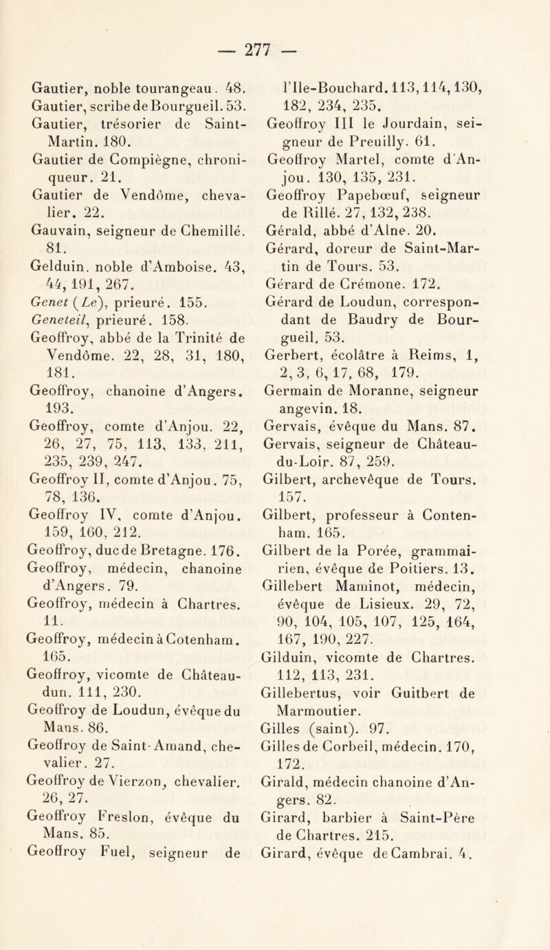 Gautier, noble tourangeau. 48. Gautier, scribe de Bourgueil. 53. Gautier, trésorier de Saint- Martin. 180. Gautier de Gompiègne, chroni- queur. 21. Gautier de Vendôme, cheva- lier. 22. Gauvain, seigneur de Ghemillé. 81. Geldiiin. noble d’Amboise. 43, 44, 191, 267. (Ze), prieuré. 155. Geneteil^ prieuré. 158. Geoffroy, abbé de la Trinité de Vendôme. 22, 28, 31, 180, 181. Geoffroy, chanoine d’Angers. 193. Geoffroy, comte d’Anjou. 22, 26, 27, 75, 113, 133, 211, 235, 239, 247. Geoffroy II, comte d’Anjou. 75, 78, 136. Geoffroy IV, comte d’Anjou. 159, 160, 212. Geoffroy, duc de Bretagne. 176. Geoffroy, médecin, chanoine d’Angers. 79. Geoffroy, médecin à Ghartres. 11. Geoffroy, médecin à Gotenham. 165. Geoffroy, vicomte de Ghâteau- dun. 111, 230. Geoffroy de Loudun, évêque du Mans. 86. Geoffroy de Saint* Amand, che- valier. 27. Geoffroy de Vierzon^ chevalier. 26, 27. Geoffroy Freslon, évêque du Mans. 85. Geoffroy Fuel, seigneur de rile-Bouchard. 113,114,130, 182, 234, 235. Geoffroy III le Jourdain, sei- gneur de Preuilly. 61. Geoffroy Martel, comte d'An- jou. 130, 135, 231. Geoffroy Papebœuf, seigneur de Ri'llé. 27, 132,238. Gérald, abbé d’Alne. 20. Gérard, doreur de Saint-Mar- tin de Tours. 53. Gérard de Grémone. 172. Gérard de Loudun, correspon- dant de Baudry de Bour- gueil. 53. Gerbert, écolâtre à Reims, 1, 2,3,6,17,68, 179. Germain de Moranne, seigneur angevin. 18. Gervais, évêque du Mans. 87. Gervais, seigneur de Ghâteau- du-Loir. 87, 259. Gilbert, archevêque de Tours. 157. Gilbert, professeur à Gonten- ham. 165. Gilbert de la Porée, grammai- rien, évêque de Poitiers. 13. Gillebert Maminot, médecin, évêque de Lisieux. 29, 72, 90, 104, 105, 107, 125, 164, 167, 190, 227. Gilduin, vicomte de Ghartres. 112, 113, 231. Gillebertus, voir Guitbert de Marmoutier. Gilles (saint). 97. Gilles de Gorbeil, médecin. 170, 172. Girald, médecin chanoine d’An- gers. 82. Girard, barbier à Saint-Père de Ghartres. 215. Girard, évêque deGambrai. 4.