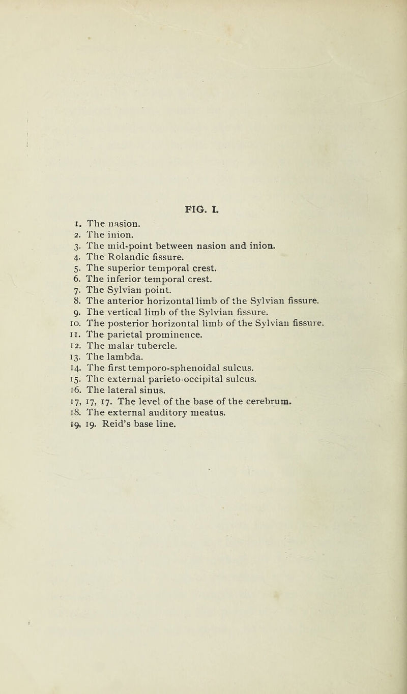 1. The nasion. 2. The iiiion. 3. The mid-point between nasion and inion. 4. The Rolandic fissure. 5. The superior temporal crest. 6. The inferior temporal crest. 7. The Sylvian point. 8. The anterior horizontal limb of the Sjdvian fissure. 9. The vertical limb of the Sylvian fissure. 10. The posterior horizontal limb of the Sylvian fissure. 11. The parietal prominence. 12. The malar tubercle. 13. The lambda. 14. The first temporo-sphenoidal sulcus. 15. The external parieto occipital sulcus. 16. The lateral sinus. 17. 17, 17. The level of the base of the cerebrum. 18. The external auditory meatus. 19. 19. Reid’s base line.