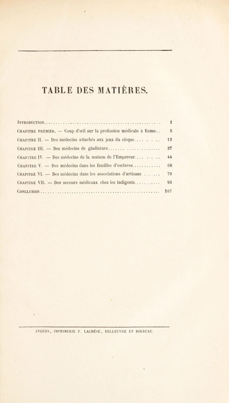 TABLE DES MATIÈRES Introduction 1 Chapitre premier. — Coup d’œil sur la profession médicale à Rome.. 5 Chapitre II. — Des médecins attachés aux jeux du cirque . .. 13 Chapitre III. — Des médecins de gladiature 27 Chapitre IV. — Des médecins de la maison de l’Empereur. 44 Chapitre V. — Des médecins dans les familles d’esclaves 66 Chapitre VI. — Des médecins dans les associations d’artisans 79 Chapitre VIL — Des secours médicaux chez les indigents 93 CûNCLUSION 107 ANGERS, IMPRIMERIE P. LACHÈSE, BELLEUVRE ET D0LBEAU.