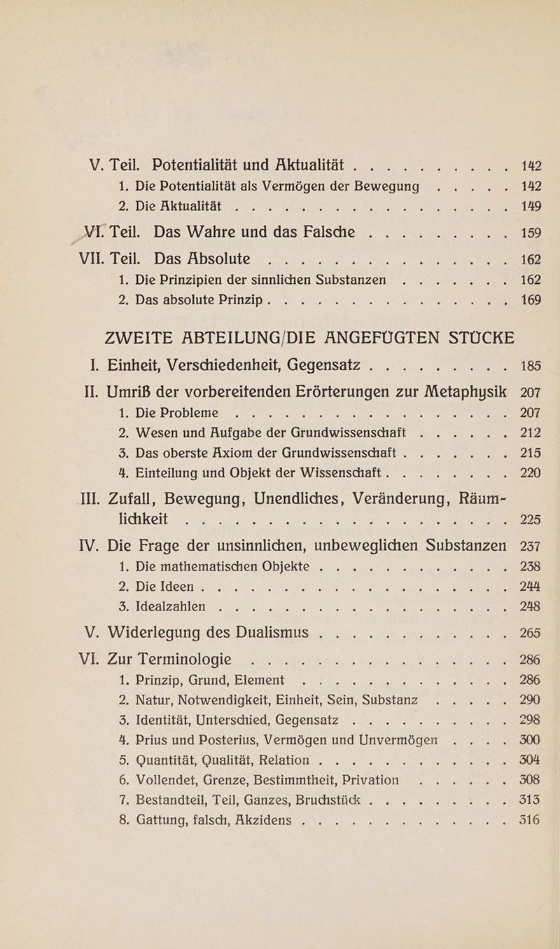 V. Teil. Potentialität und Aktualität . . . . 2.2222. 142 1. Die Potentialität als Vermögen der Bewegung . . . . . 142 2uDIe- Akmaltatze 2, ee el ee er LA NT. Teil. Das Wahre und das Falshe . . .. :..2....19 VIS1eil=Das. Absolute τορος ΠΣ σον 1. Die Prinzipien der sinnlichen Substanzen . . . . . .. 162 2.-Das absolute Prinzip»... 0 2 Se ZWEITE ABTEILUNG/DIE ANGEFÜGTEN STÜCKE I. Einheit, Verschiedenheit, Gegensatz . . . . 2... .18 II. Umriß der vorbereitenden Erörterungen zur Metaphysik 207 1. Die Probleme . . . N EEE NE 2. Wesen und Aufgabe δε ΕΣ θεν Ἐπ A 3. Das oberste Axiom der Grundwissenschhaft . . . . . .. 215 4. Einteilung und Objekt der Wissenschaft. . . . . 22 Il. Zufall, Bewegung, Unendliches, Veränderung, Räum- like 2 πε a a ee We τς IV. Die Frage der einen ren Substanzen 237 1. Die mathematischer Objekten. 7.7 22. a πΠπΟΠἘἜΟό σους 2.3Die.Ideen 3.2.2... SS ne See en SE S.rlaealzahlonsn. 3: As τ στ τ y»Widerlegung des’ Dualismus. 7... 20.222 73077268 ΖΗ Lormitologiessiin. ea ον πε τυ 1. Prinzip, Grund»Element 22.7, en AH 2. Natur, Notwendigkeit, Einheit, Sein, Se N νος οὐμ ε ;. Identität, Unterschied, Gegensatz „2272, 220 4. Prius und Posterius, Vermögen und Unvermögen . . . . 300 5.. Quantität, Qualität, Relations 2..22, Ds vr Pe Οὐ. 6. Vollendet, Grenze, Bestimmtheit, Privation . . . . . . 308 7. Bestandteil, Teil, Ganzes. :Drudistude... 0,2 2 ar