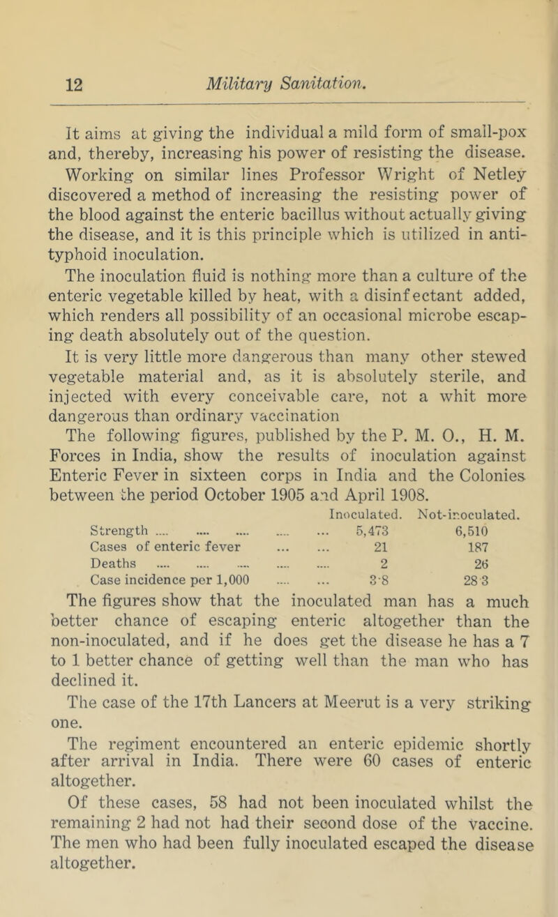 It aims at giving the individual a mild form of small-pox and, thereby, increasing his power of resisting the disease. Working on similar lines Professor Wright of Netley discovered a method of increasing the resisting power of the blood against the enteric bacillus without actually giving the disease, and it is this principle which is utilized in anti- typhoid inoculation. The inoculation fluid is nothing more than a culture of the enteric vegetable killed by heat, with a disinfectant added, which renders all possibility of an occasional microbe escap- ing death absolutely out of the question. It is very little more dangerous than many other stewed vegetable material and, as it is absolutely sterile, and injected with every conceivable care, not a whit more dangerous than ordinary vaccination The following figures, published by the P. M. 0., H. M. Forces in India, show the results of inoculation against Enteric Fever in sixteen corps in India and the Colonies between the period October 1905 and April 1908. Inoculated. Not-iroculated. Strength 5,473 6,510 Cases of enteric fever 21 187 Deaths 2 26 Case incidence per 1,000 3'8 28 3 The figures show that the inoculated man has a much better chance of escaping enteric altogether than the non-inoculated, and if he does get the disease he has a 7 to 1 better chance of getting well than the man who has declined it. The case of the 17th Lancers at Meerut is a very striking one. The regiment encountered an enteric epidemic shortly after arrival in India. There were 60 cases of enteric altogether. Of these cases, 58 had not been inoculated whilst the remaining 2 had not had their second dose of the vaccine. The men who had been fully inoculated escaped the disease altogether.