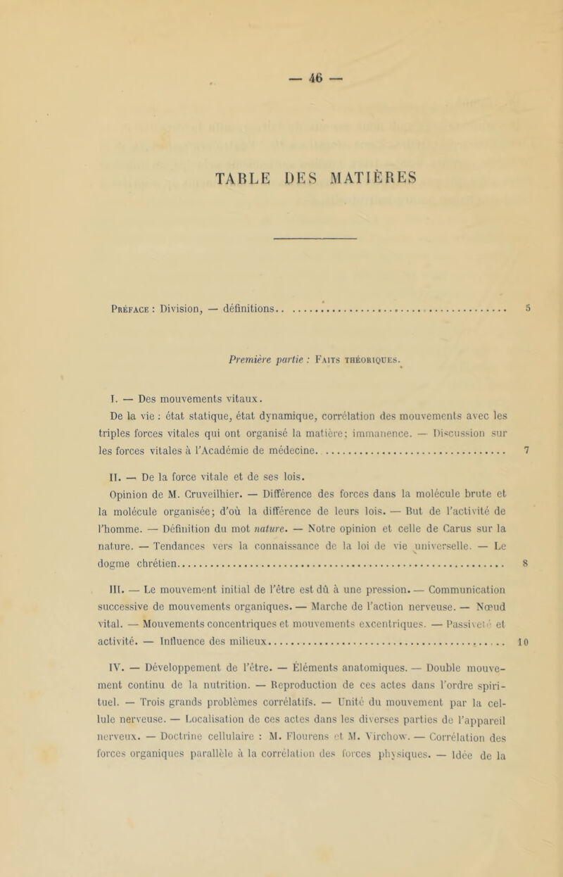 TABLE DES MATIÈRES Préface : Division, — définitions 5 Première partie : Faits théoriques. h I. — Des mouvements vitaux. De la vie : état statique, état dynamique, corrélation des mouvements avec les triples forces vitales qui ont organisé la matière; immanence. — Discussion sur les forces vitales à l’Académie de médecine 7 II. — De la force vitale et de ses lois. Opinion de M. Cruveilhier. — Différence des forces dans la molécule brute et la molécule organisée; d’où la différence de leurs lois. — But de l’activité de l’homme. — Définition du mot nature. — Notre opinion et celle de Carus sur la nature. — Tendances vers la connaissance de la loi de vie universelle. — Le dogme chrétien 8 III. — Le mouvement initial de l’être est dû à une pression.— Communication successive de mouvements organiques.— Marche de l’action nerveuse. — Nœud vital. — Mouvements concentriques et mouvements excentriques. — Passiveté et activité. — Influence des milieux 10 IV. — Développement de l’être. — Éléments anatomiques. — Double mouve- ment continu de la nutrition. — Reproduction de ces actes dans l’ordre spiri- tuel. — Trois grands problèmes corrélatifs. — Unité du mouvement par la cel- lule nerveuse. — Localisation de ces actes dans les diverses parties de l’appareil nerveux. — Doctrine cellulaire : M. Flourens et M. Virchow. — Corrélation des forces organiques parallèle à la corrélation des forces physiques. — idée de la