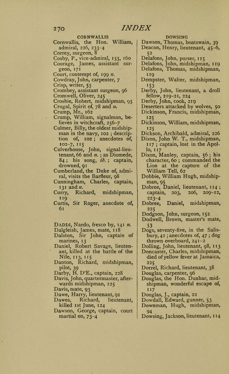 CORNWALLIS Cornwallis, the Hon. William, admiral, 226, 233-4 Correy, surgeon, 8 Cosby, P., vice-admiral, 155, 160 Courage, James, assistant sur- geon, 171 Court, contempt of, 199 n. Cowdray, John, carpenter, 7 Crisp, writer, 55 Crombey, assistant surgeon, 96 Cromwell, Oliver, 245 Crosbie, Robert, midshipman, 95 Crugal, Spirit of, 78 and n. Crump, Mr., 162 Crump, William, signalman, be- lieves in witchcraft, 256-7 Culmer, Billy, the oldest midship- man in the navy, 102 ; descrip- tion of, 102 ; anecdotes of, 102-7, 115 Culverhouse, John, signal-lieu- tenant, 66 and 71. ; as Diomede, 84; his song, ib. ; captain, drowned, 91 Cumberland, the Duke of, admi- ral, visits the Barfleur, 98 Cunningham, Charles, captain, 131 and«. Curry, Richard, midshipman, 119 Curtis, Sir Roger, anecdote of, 61 Daddi, Nardo, fresco by, 141 11. Dalgleish, James, mate, 118 Dalston, Sir John, captain of marines, 13 Daniel, Robert Savage, lieuten- ant, killed at the battle of the Nile, 113,. 115 Danton, Richard, midshipman, pilot, 39 Darby, H. D’E., captain, 228 Davis, John, quartermaster, after- wards midshipman, 125 Davis, mate, 93 Dawe, Harry, lieutenant, 91 Dawes, Richard, lieutenant, killed 1st June, 124 Dawson, George, captain, court martial on, 73-4 DOWSING Dawson, Thomas, boatswain, 39 Deacon, Henry, lieutenant, 45-6, 52 Delafons, John, purser, 115 Delafons, John, midshipman, 119 Delafons, Thomas, midshipman, 119 Dempster, Walter, midshipman, 153 Derby, John, lieutenant, a droll fellow, 219-21, 224 Derby, John, cook, 219 Deserters attacked by wolves, 50 Dickinson, Francis, midshipman, 125 Dickinson, William, midshipman, 125 Dickson, Archibald, admiral, 226 Dixon, John W. T., midshipman, 117 ; captain, lost in the Apol- lo, 117 Dixon, Manley, captain, 56 ; his character, 60 ; commanded the Lion at the capture of the William Tell, 62 Dobbie, William Hugh, midship- man, 95 Dobree, Daniel, lieutenant, 114 ; captain, 203, 206, 209-12, 223-4 Dobree, Daniel, midshipman, 225 Dodgson, John, surgeon, 152 Dodwell, Brown, master’s mate, 53 Dogs, seventy-five, in the Salis- bury, 42 ; anecdotes of, 47 ; dog thrown overboard, 241-2 Dolling, John, lieutenant, 98, 113 Doncaster, Charles, midshipman, died of yellow fever at Jamaica, 225 Dorrel, Richard, lieutenant, 38 Douglas, carpenter, 96 Douglas, the Hon. Dunbar, mid- shipman, wonderful escape of, 117 Douglas, J., captain, 22 Dowdall, Edward, gunner, 53 Downman, Hugh, midshipman, 94 Dowsing, Jackson, lieutenant, 114