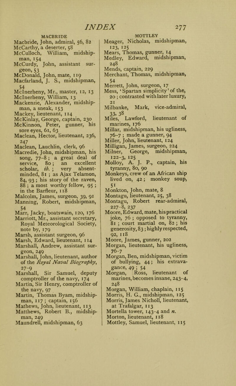 MACBRIDE Macbride, John, admiral, 56, 82 McCarthy, a deserter, 58 McCulloch, William, midship- man, 154 McCurdy, John, assistant sur- geon, 53 McDonald, John, mate, 119 Macfarland, J. S., midshipman, 54 Mclnerheny, Mr., master, 12, 13 Mclnerheny, William, 13 Mackenzie, Alexander, midship- man, a sneak, 153 Mackey, lieutenant, 114 McKinlay, George, captain, 230 McKinnon, Peter, gunner, his sore eyes, 61, 63 Maclean, Hector, lieutenant, 236, 247 Maclean, Lauchlin, clerk, 96 Macredie, John, midshipman, his song, 77-8; a great deal of service, 80; an excellent scholar, ib. ; very absent- minded, 81 ; as Ajax Telamon, 84, 93 ; his story of the raven, 88 ; a most worthy fellow, 95 ; in the Barfleur, 118 Malcolm, James, surgeon, 39, 91 Manning, Robert, midshipman, 54 Marr, Jacky, boatswain, 120, 176 Marriott, Mr., assistant secretary. Royal Meteorological Society, note by, 179 Marsh, assistant surgeon, 96 Marsh, Edward, lieutenant, 114 Marshall, Andrew, assistant sur- geon, 249 Marshall, John, lieutenant, author of the Royal Naval Biography, 27-9 Marshall, Sir Samuel, deputy comptroller of the navy, 174 Martin, Sir Henry, comptroller of the navy, 97 Martin, Thomas Byam, midship- man, 117; captain, 156 Mathews, John, lieutenant, 113 Matthews, Robert B., midship- man, 249 Maundrell, midshipman, 63 MOTTLEY Meager, Nicholas, midshipman, 123, 125 Mears, Thomas, gunner, 14 Medley, Edward, midshipman, 248 Mends, captain, 229 Merchant, Thomas, midshipman, 54 Merrett, John, surgeon, 17 Mess, ‘Spartan simplicity ’ of the, 20 ; contrasted with later luxury, 21 Milbanke, Mark, vice-admiral, 33, 38 Miles, Lawford, lieutenant of marines, 176 Millar, midshipman, his ugliness, 76-7 ; made a gunner, 94 Miller, John, lieutenant, 124 Milligan, James, surgeon, 224 Milner, George, midshipman, 122-3, 125 Molloy, A. J. P., captain, his tyranny, 80, 90 Monkeys, crew of an African ship lived on, 42; monkey soup, 51 Monkton, John, mate, 8 Montagu, lieutenant, 25, 38 Montagu, Robert rear-admiral, 227-8, 237 Moore, Edward, mate, his practical joke, 76 ; opposed to tyranny, 81 ; court martial on, 82 ; his generosity, 83 ; highly respected, 92, 118 Moore, James, gunner, 202 Morgan, lieutenant, his ugliness, 76-7 Morgan, Ben, midshipman, victim of bullying, 44; his extrava- gance, 49 ; 54 Morgan, Ross, lieutenant of marines, becomes insane, 243-4, 248 Morgan, William, chaplain, 115 Morris, H. G., midshipman, 125 Morris, James Nicholl, lieutenant, at Trafalgar, 113 Mortella tower, 143-4 and n. Morton, lieutenant, 118 Mottley, Samuel, lieutenant, 115